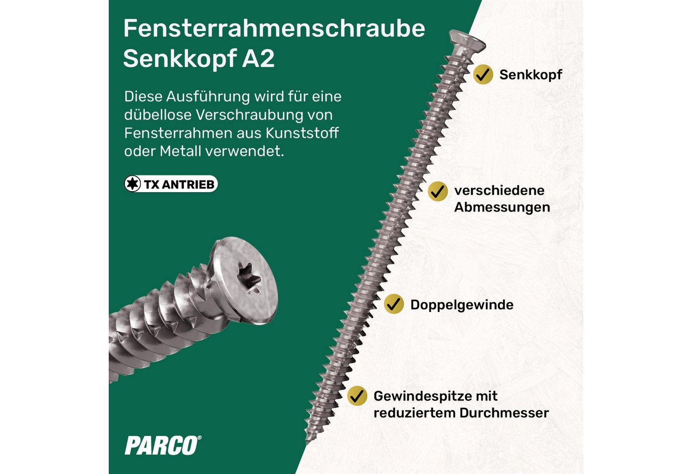 Thumbnail - PARCO Fensterrahmenschraube Edelstahl A2 mit Senkkopf/Zylinderkopf 100 Stück, (Gewindespitze mit reduziertem Durchmesser...