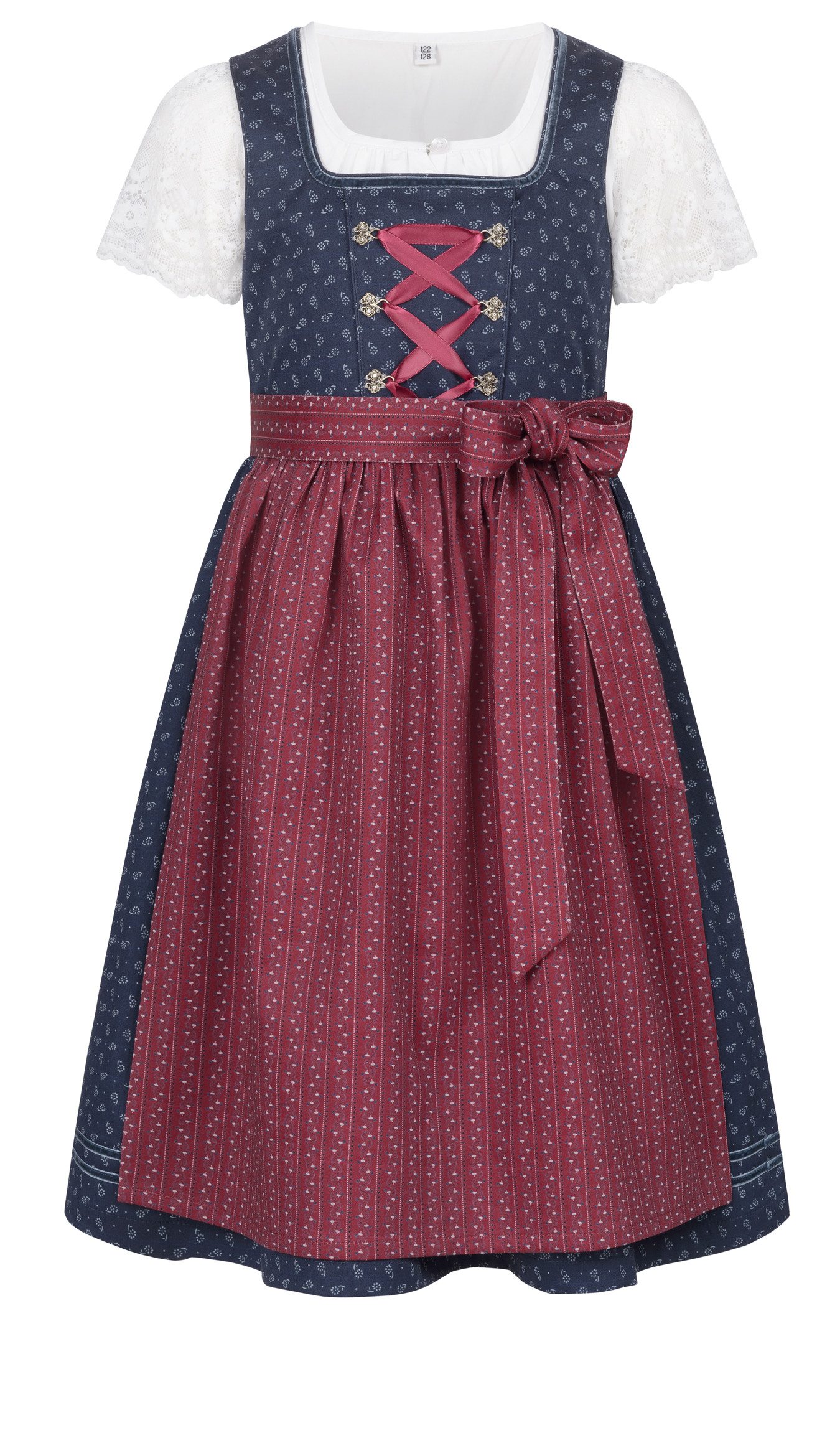 Nübler Dirndl Kinderdirndl Gesr in Blau Rot, 3-teiliges Set - Rocklänge knielang