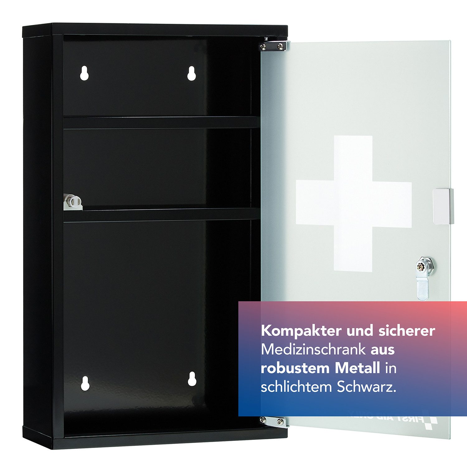 FIRST AID ONLY® Medizinschrank Medizinschrank Schwarz mit Glastür 3 Fächer, abschließbar Medikamentenschrank als Hängeschrank 50 x 30 x 12 cm