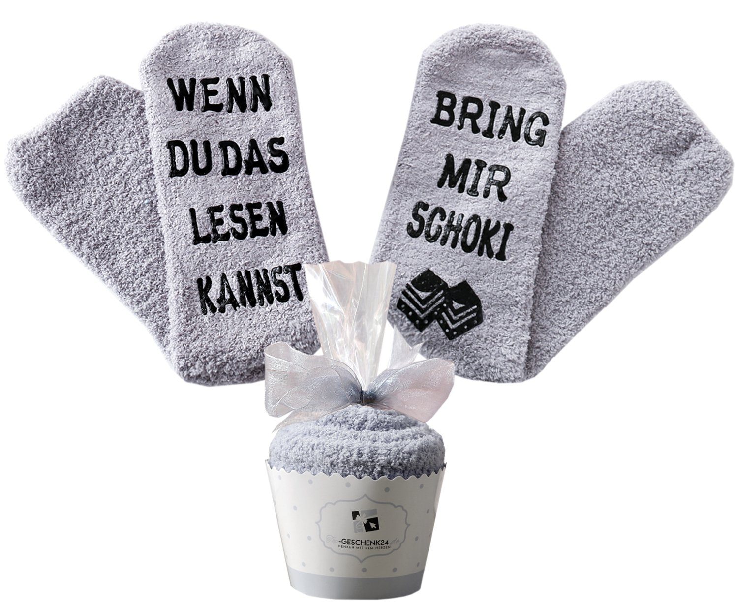 Lucadeau Мягкие носочки mit Spruch "Wenn du das lesen kannst, bring mir Schoki" (Cupcake Verpackung, 1 Paar) rutschfest, Gr. 36-43, Geschenke für Frauen, Geburtstagsgeschenk