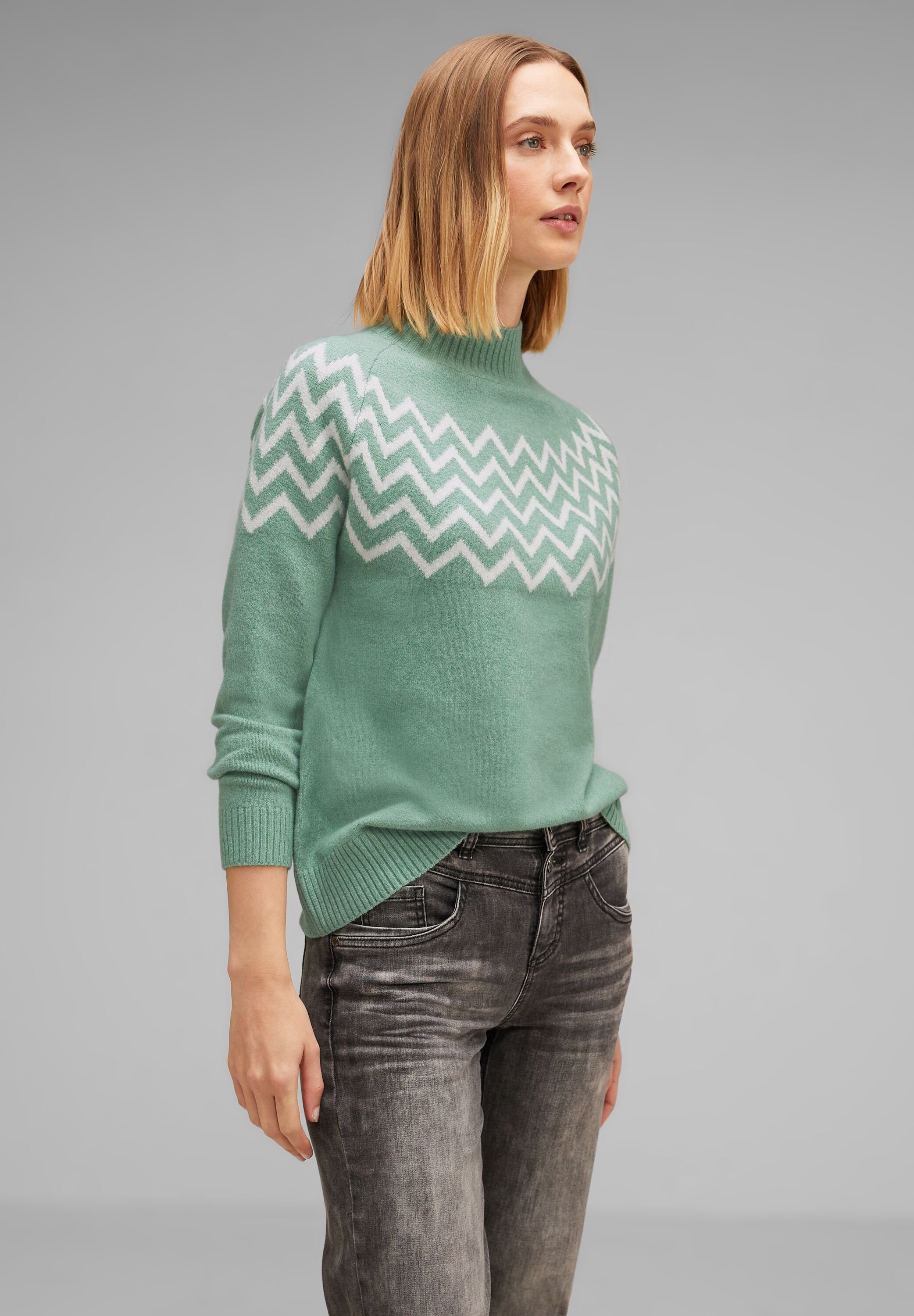 STREET ONE Zick gentle green Muster melange Zack Rollkragenpullover mit