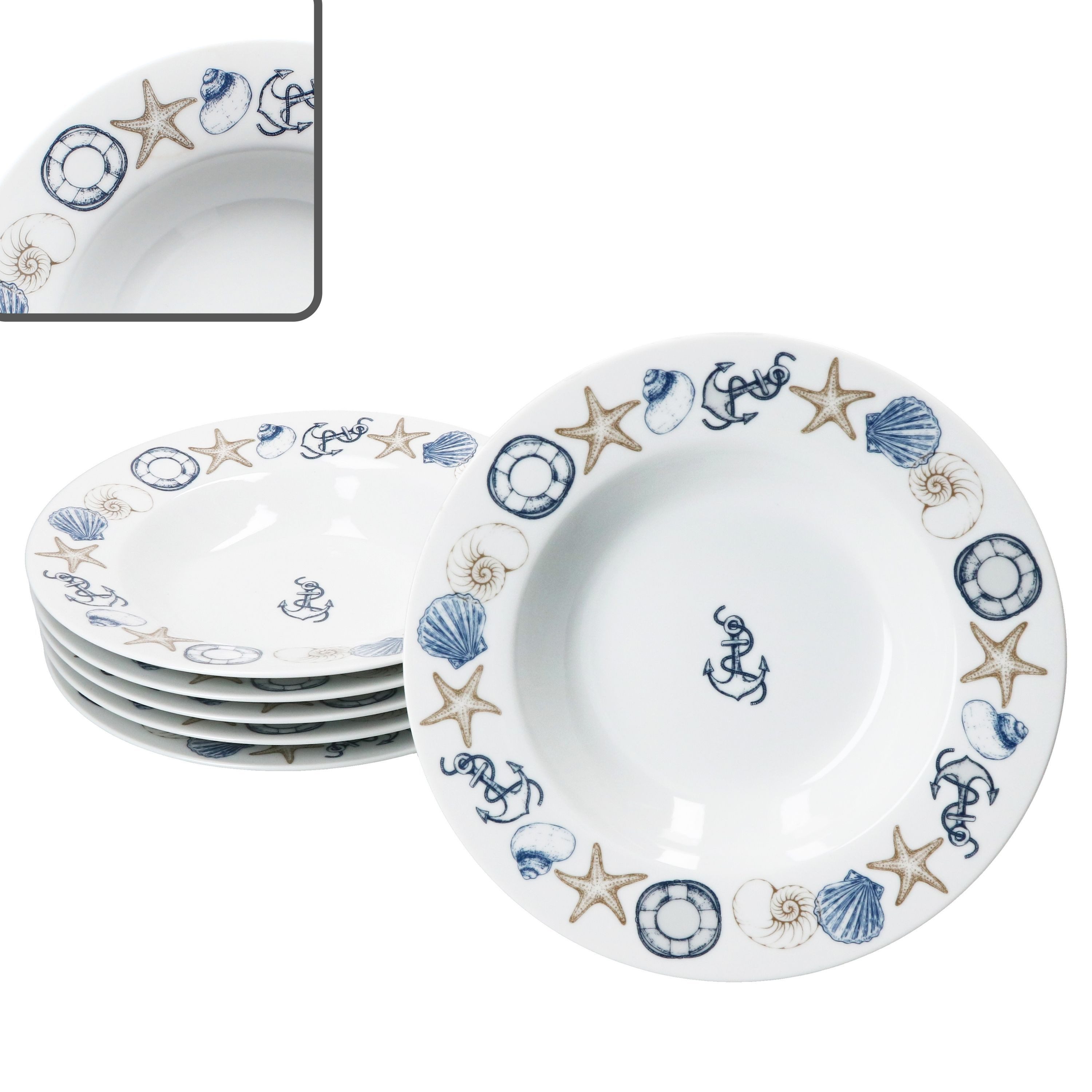 MamboCat Suppenteller 6x Neptun Suppenteller Porzellan tiefe Teller Pasta maritim Anker