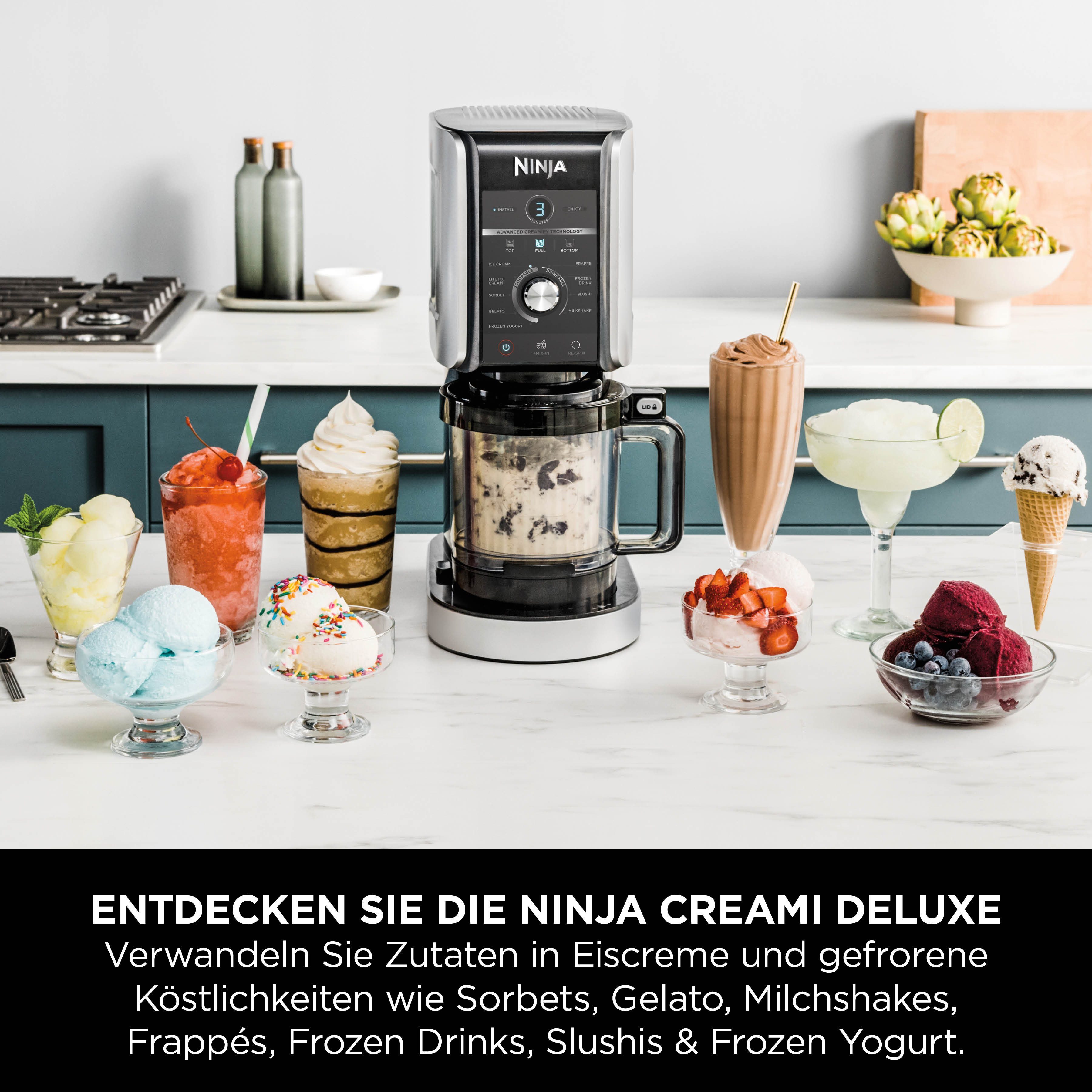 NINJA Eismaschine NC502EU Creami Deluxe, 10-in-1 Eis-und Eisgetränkmaschine, 0,71 l, 800 W, Mit 2x 710 ml Deluxe Behältern und Deckeln