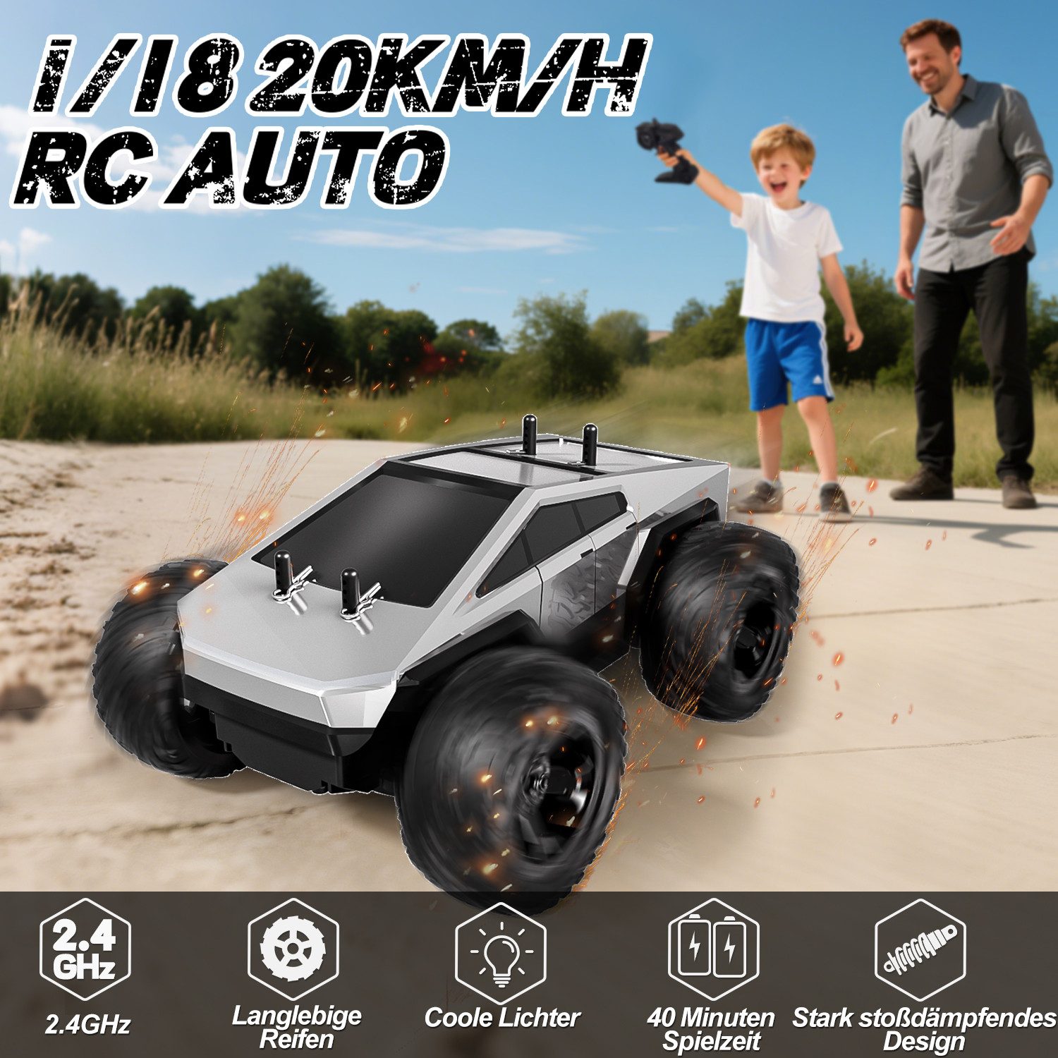 Esun RC-Auto Monster Truck Ferngesteuert, 2,4 GHz 1:18 RC Monstertruck mit LED (Set, Komplettset), Perfekt Geschenk für Jungen, Mädchen ab 3 4 Jahre.