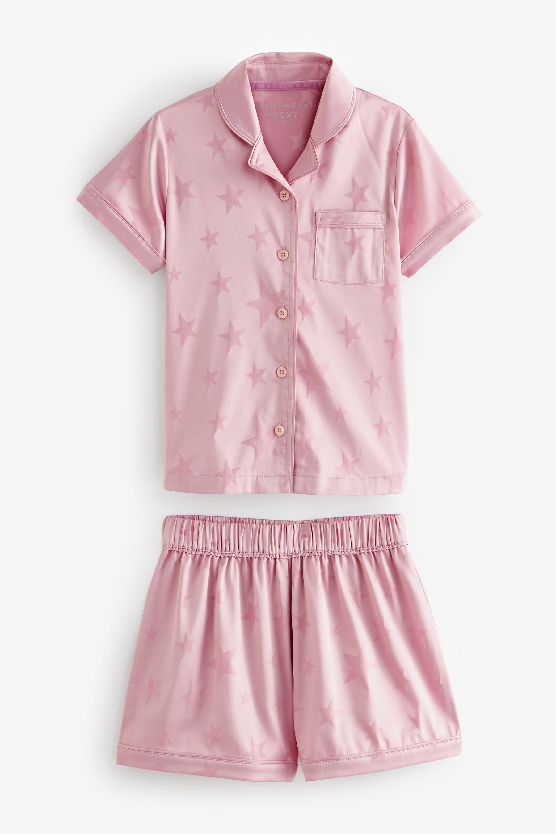Next Pyjama Kurzer, durchgeknöpfter Satinpyjama (2 tlg) Pink Jacquard Star