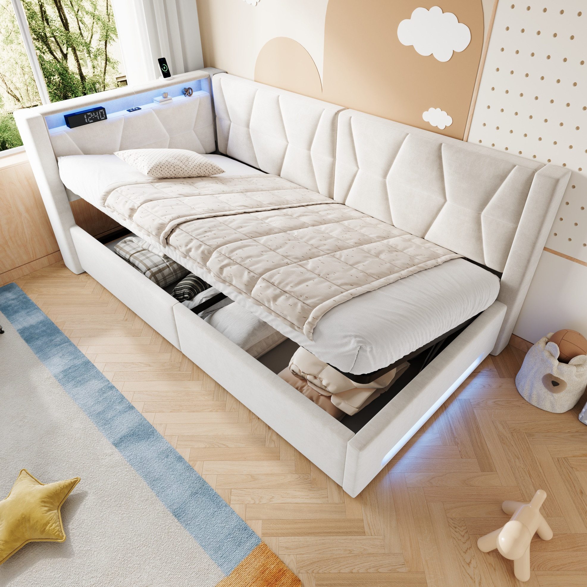REDOM Schlafsofa Stauraumbett, Polsterbett mit LED-Beleuchtung, mit Unterbettkasten mit Hydraulikfunktion, USB & Type-C 90x200 cm, ohne Matratze