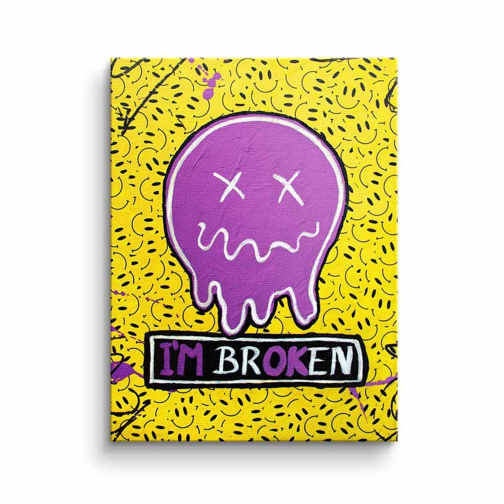 gelb emoji broken I´m lila Rahmen silberner premium Leinwandbild smilie Leinwandbild, mit Rahmen DOTCOMCANVAS®