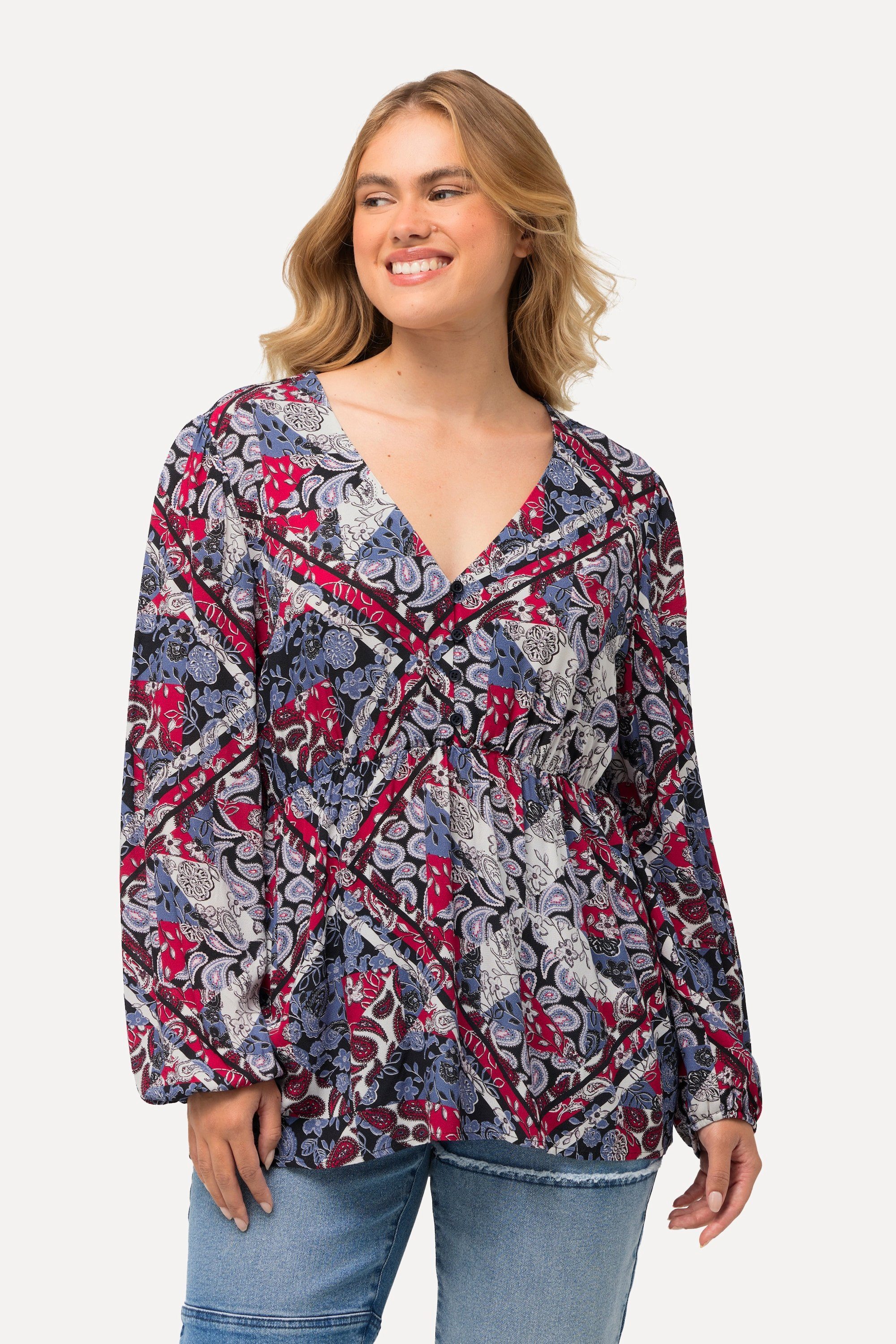 Ulla Popken Druckbluse Bluse Patchmuster Schößchen günstig online kaufen
