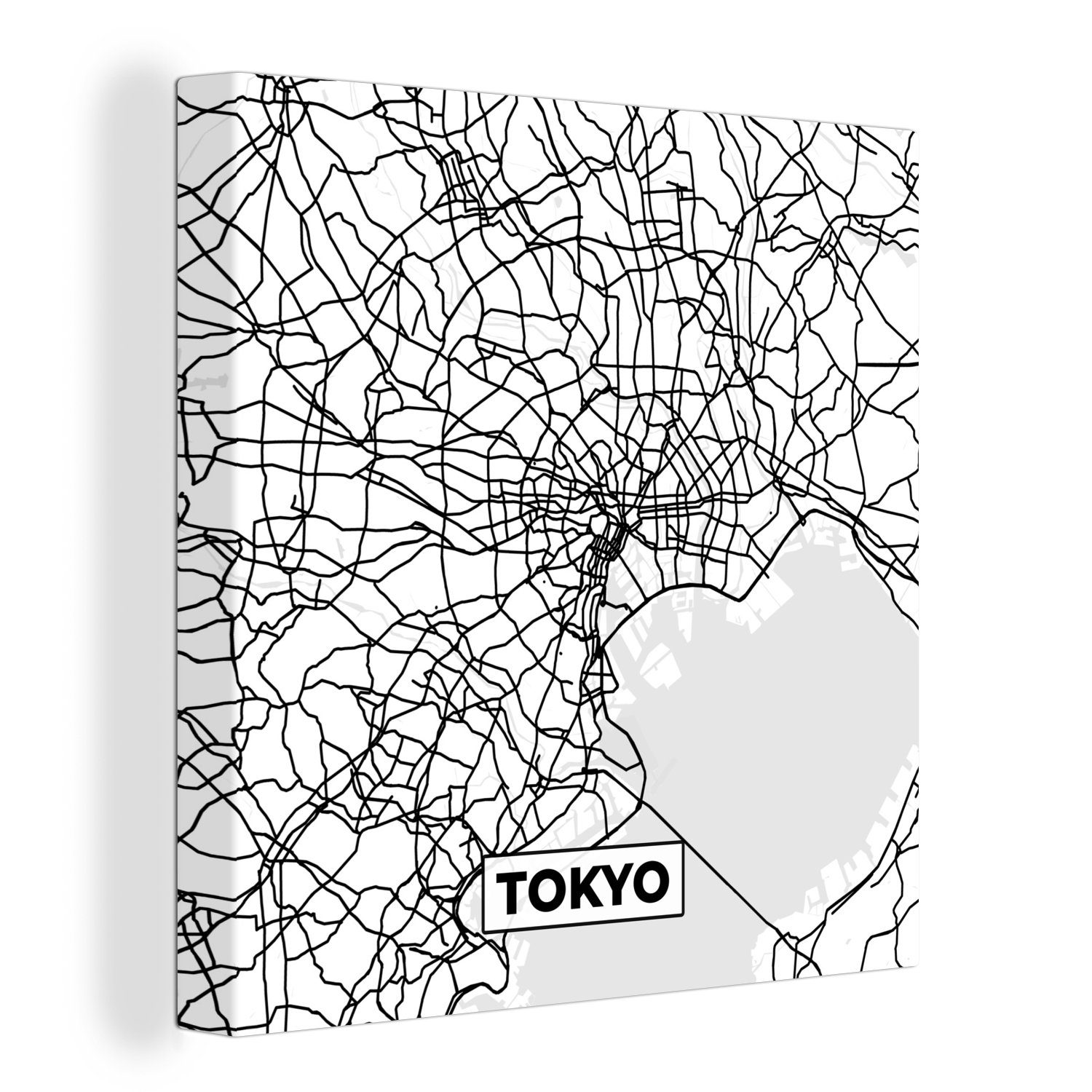OneMillionCanvasses® Leinwandbild Karte - Tokio - Stadtplan - Schwarz und weiß - Karte, (1 St), Leinwand Bilder für Wohnzimmer Schlafzimmer
