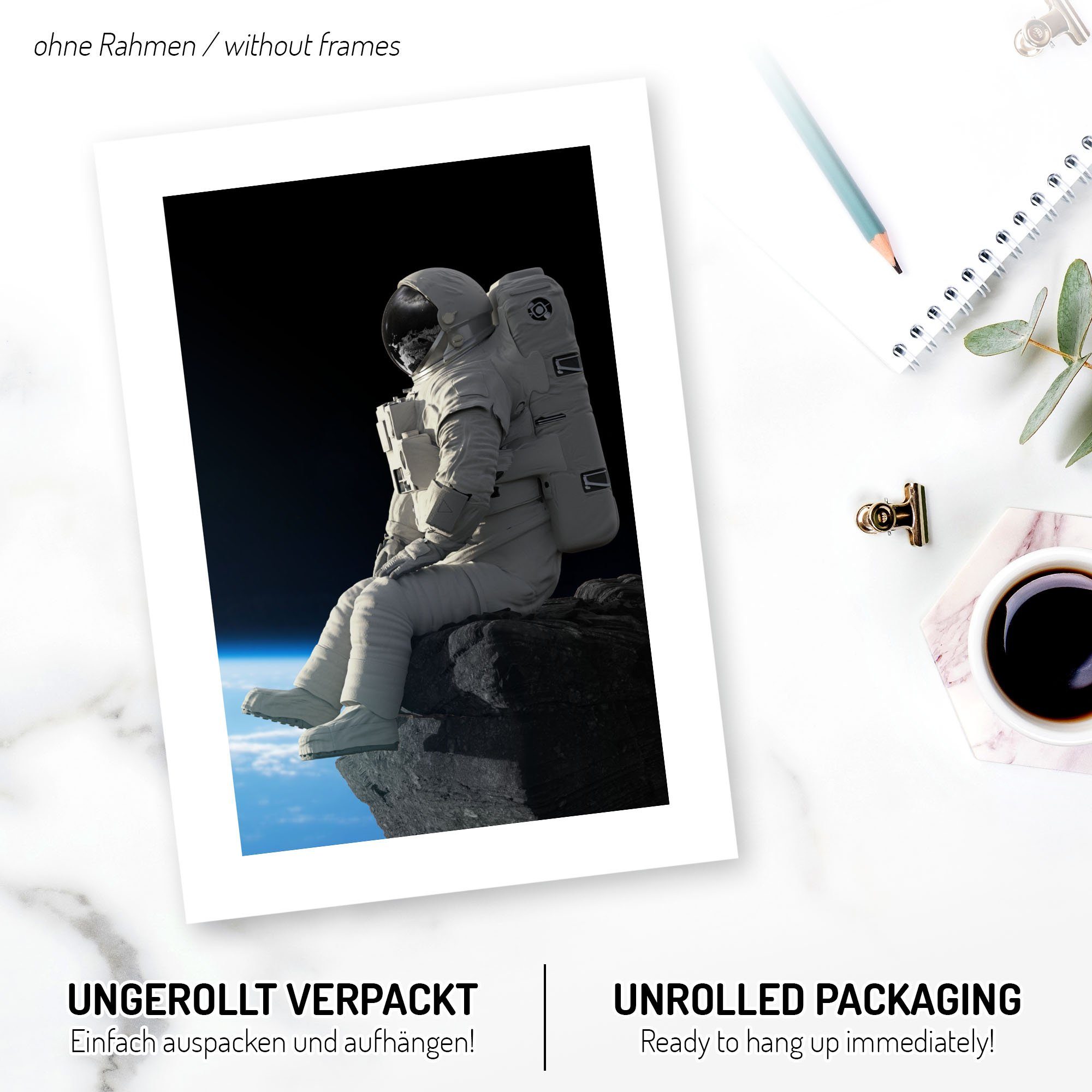Kreative Feder Poster, Weltall, Weltraum, Space, Astronaut, Erde, Planet, Motivation, Inspiration, Limit (Set, 3 St), 3-teiliges Poster-Set, Wandbild, optional mit Rahmen, DIN A4 oder A3