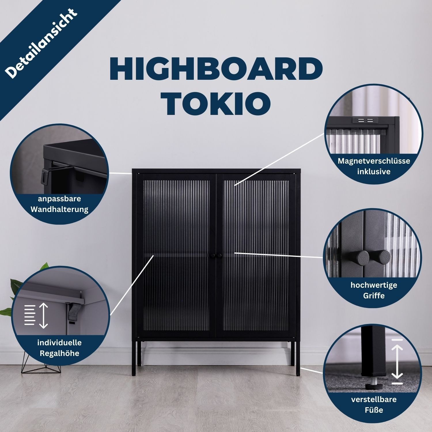 Coemo Highboard TOKIO, Schwarz Metall, Vitrine Wohnzimmer 2 Glastüren modernes Sideboard
