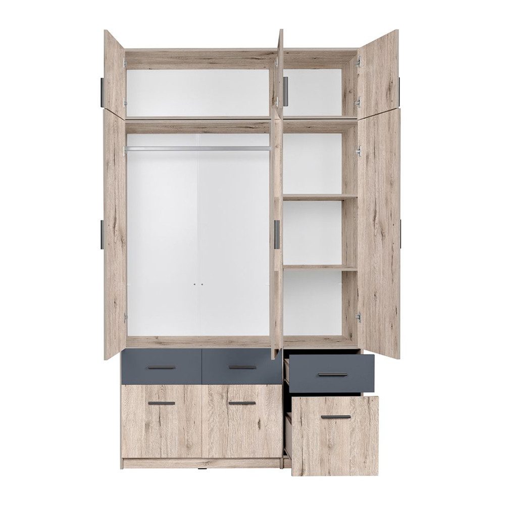 Lomadox Kleiderschrank SELAWIK-166 Schlafzimmerschrank mit Aufsatz, Eiche mit graphit, ca. 136/238/54cm