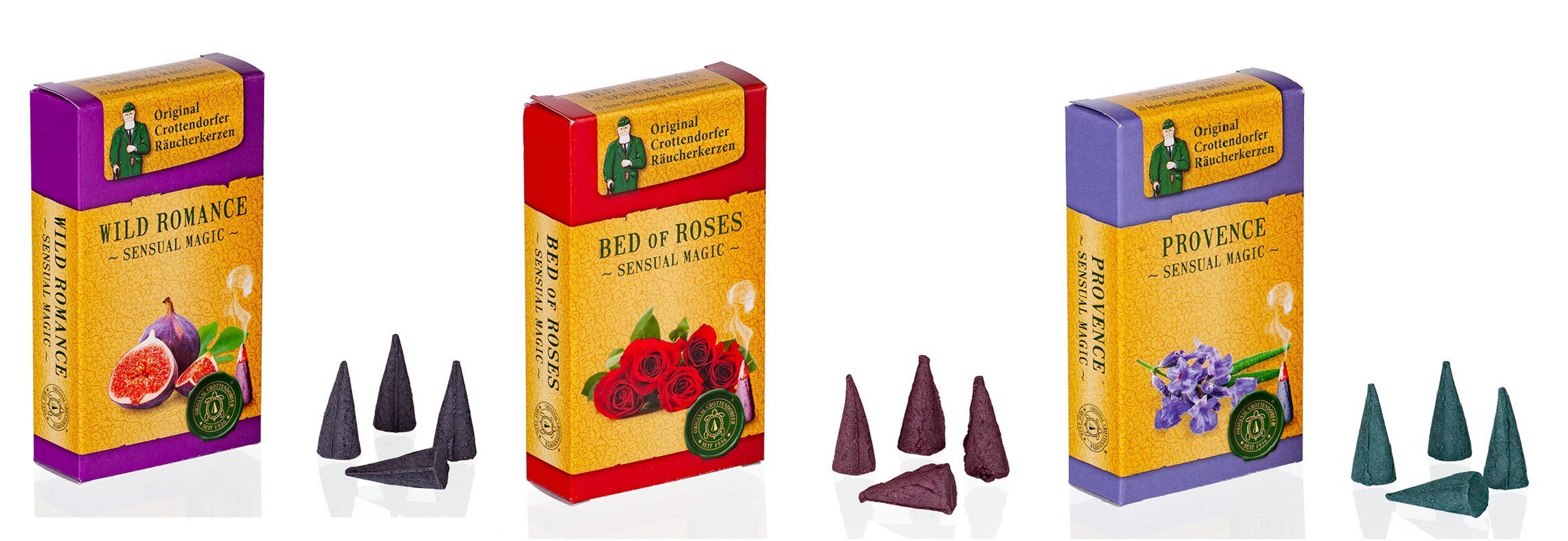 Crottendorfer Duftkerze 3er Set Provence / Bed Of Roses / Wild Romance, Sensual Magic Räucherkerzen - Wellness für die Sinne - Made in Germany