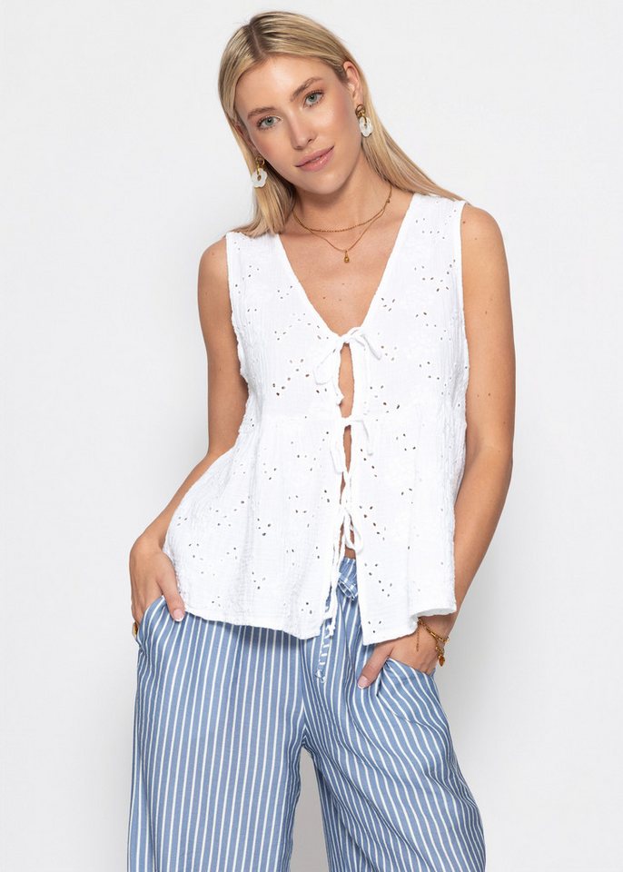 SASSYCLASSY T-Shirt Musselin Blusentop mit Lochstickerei Damen Luftiges Baumwolltop mit Bindebändern in lockerem Schnitt Weiß