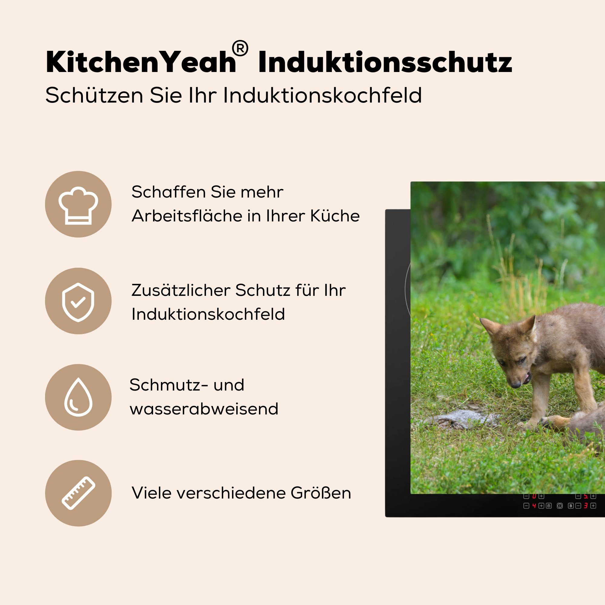 Jungtiere Schutz küche, die Wolf MuchoWow - (1 für cm, Vinyl, - Gras, Induktionskochfeld 81x52 tlg), Ceranfeldabdeckung Herdblende-/Abdeckplatte