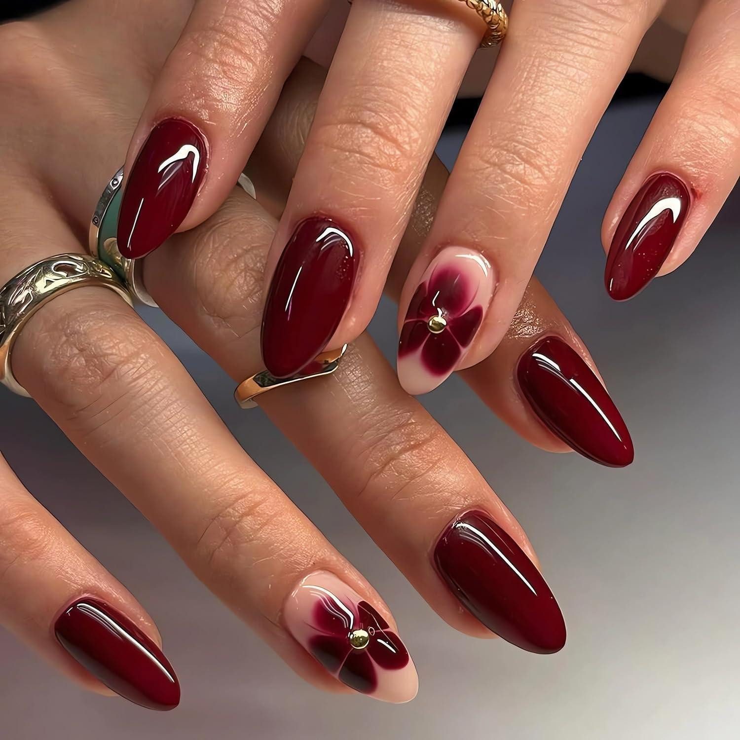 LuxusKollektion Kunstfingernägel Nagelspitze 24-teilige Press on Nails Almond Form Rote Blume Set