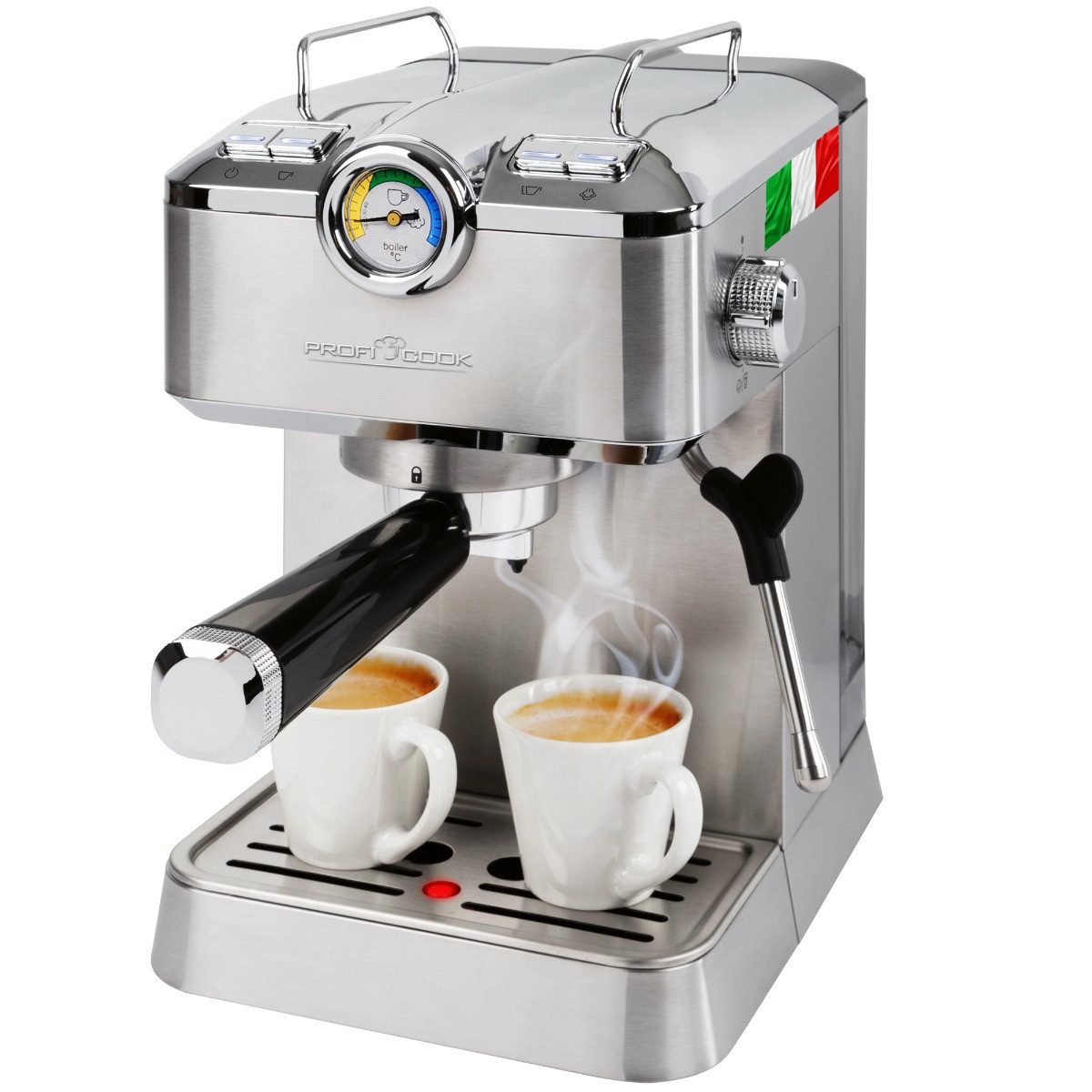 ProfiCook Espressomaschine PC-ES-KA 1267, Espressopumpe 20 bar, 2 Siebträger, Dampfdüse