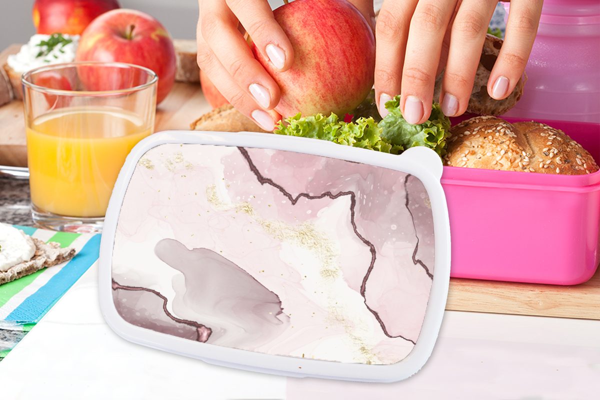 MuchoWow Lunchbox Marmor Rosa Kunststoff, Mädchen, Kinder, Snackbox, - Brotbox - Gelb, für Erwachsene, (2-tlg), Brotdose Kunststoff