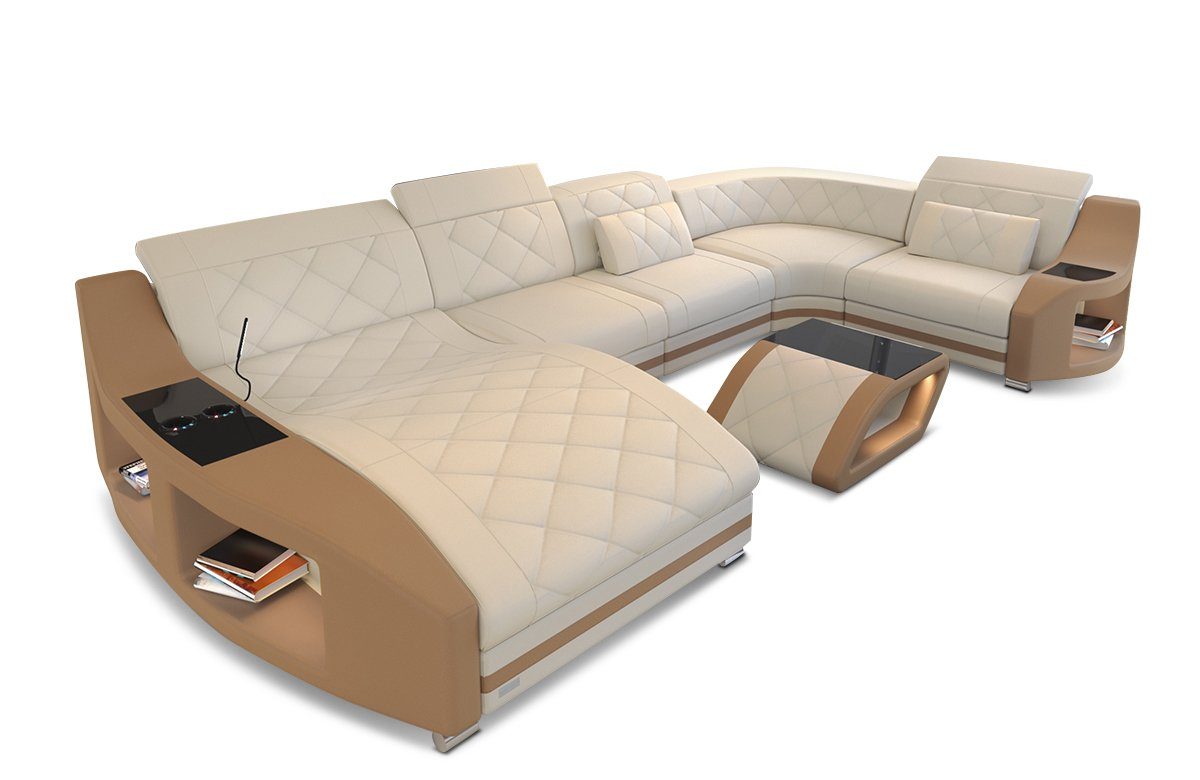 Sofa Dreams Wohnlandschaft Sofa Stoffsofa, Designersofa Mikrofaser Form Couch elfenbein-sandbeige mit U wahlweise Swing Bettfunktion M Polsterstoff