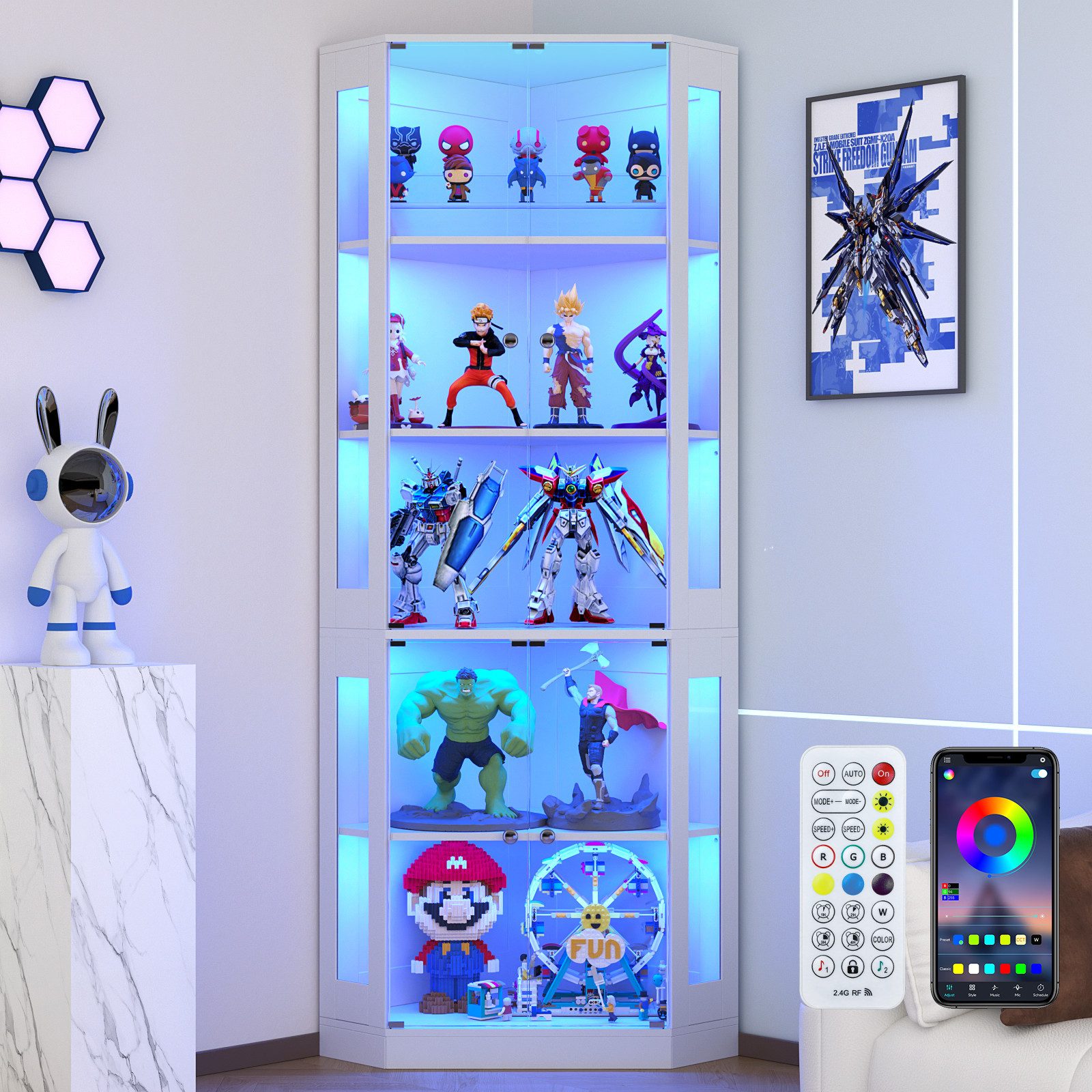 VOWNER Eckschrank 205 cm Beleuchtete Vitrine mit Glastüren, 5-stöckiges Eckregal (1-St) mit 3 Farblichtern & Bewegungssensor für Sammlerstücke, Bücher