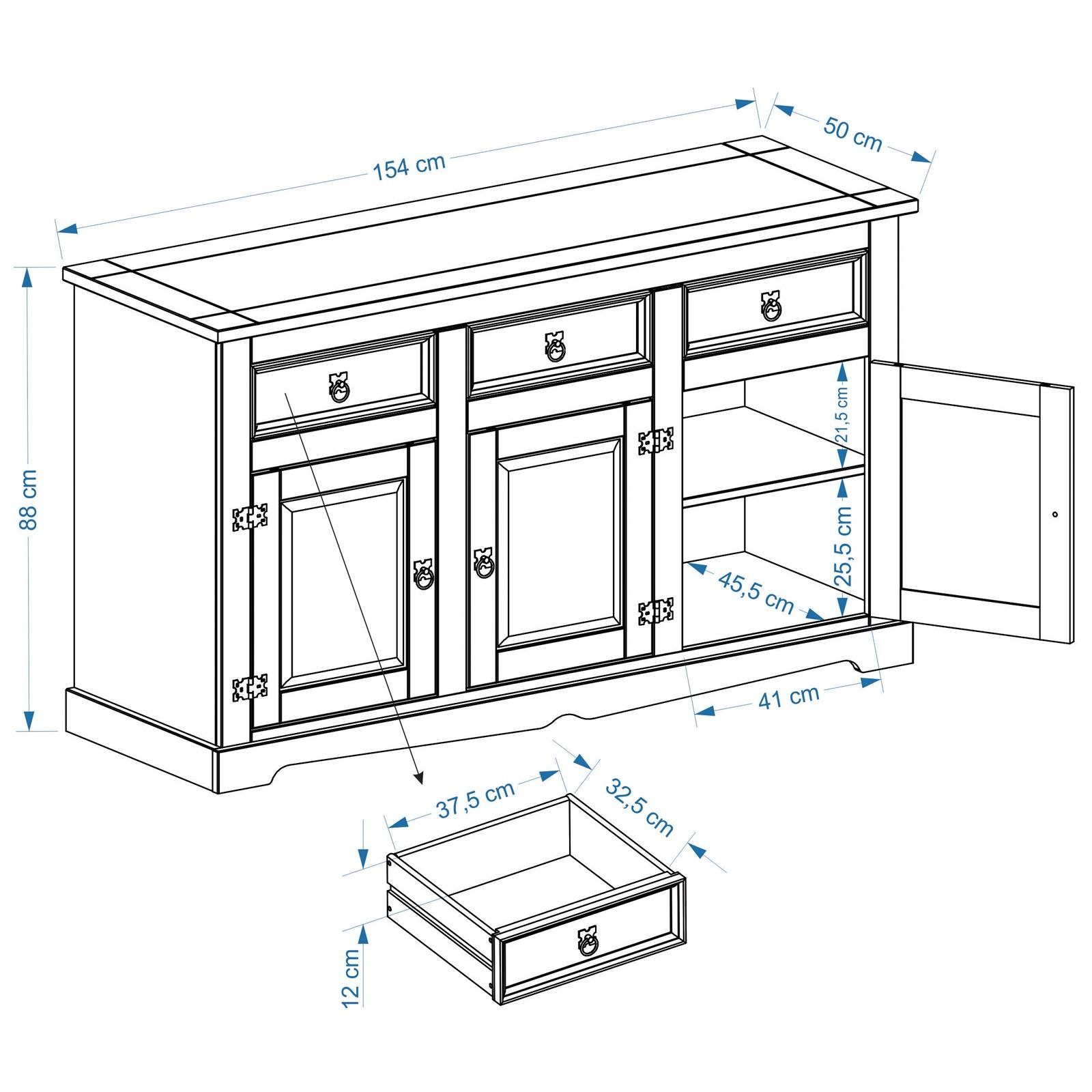 IDIMEX Kommode TEQUILA, Sidebaord TEQUILA Kommode 3 Schubladen Buffetschrank Geschirrschrank K