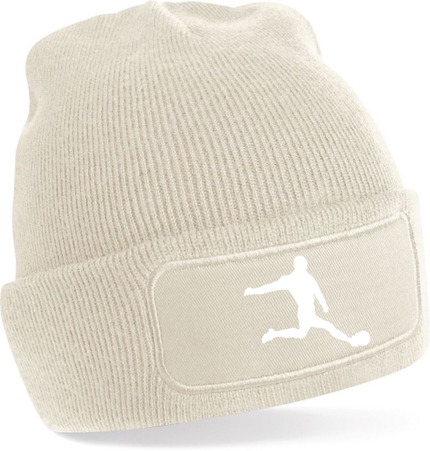 Strickmütze für kalte Tage - Beanie mit Umschlag und Fussballer Silhouette