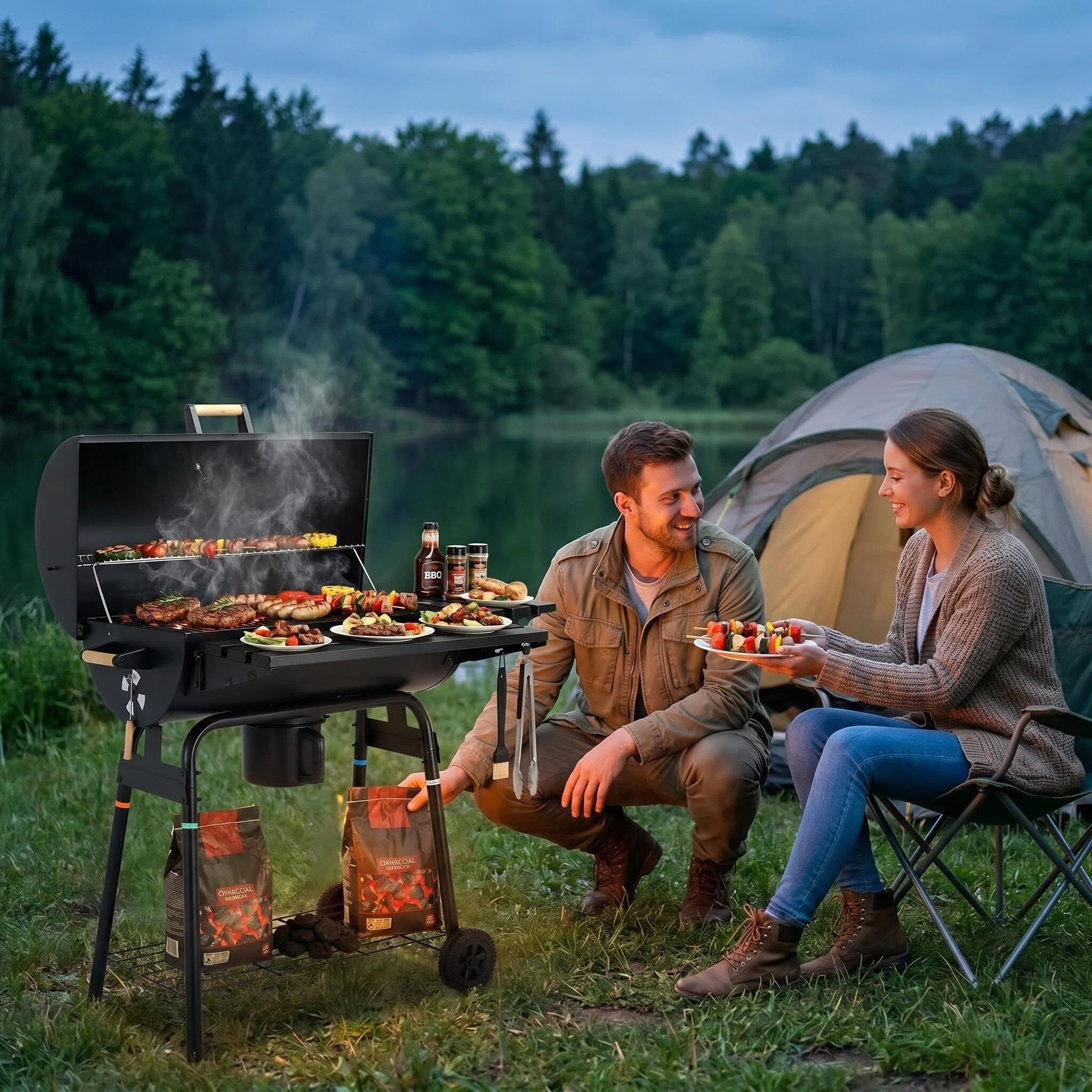 TLGREEN Holzkohlegrill BBQ Smoker Grill mit Schornstein,Thermometer & abnehmbarem Aschekasten, Mobiler Gartengrill mit klappbaren Ablagen und 2 Rädern, Outdoor Räuchergrill für Garten, Terrasse, Camping