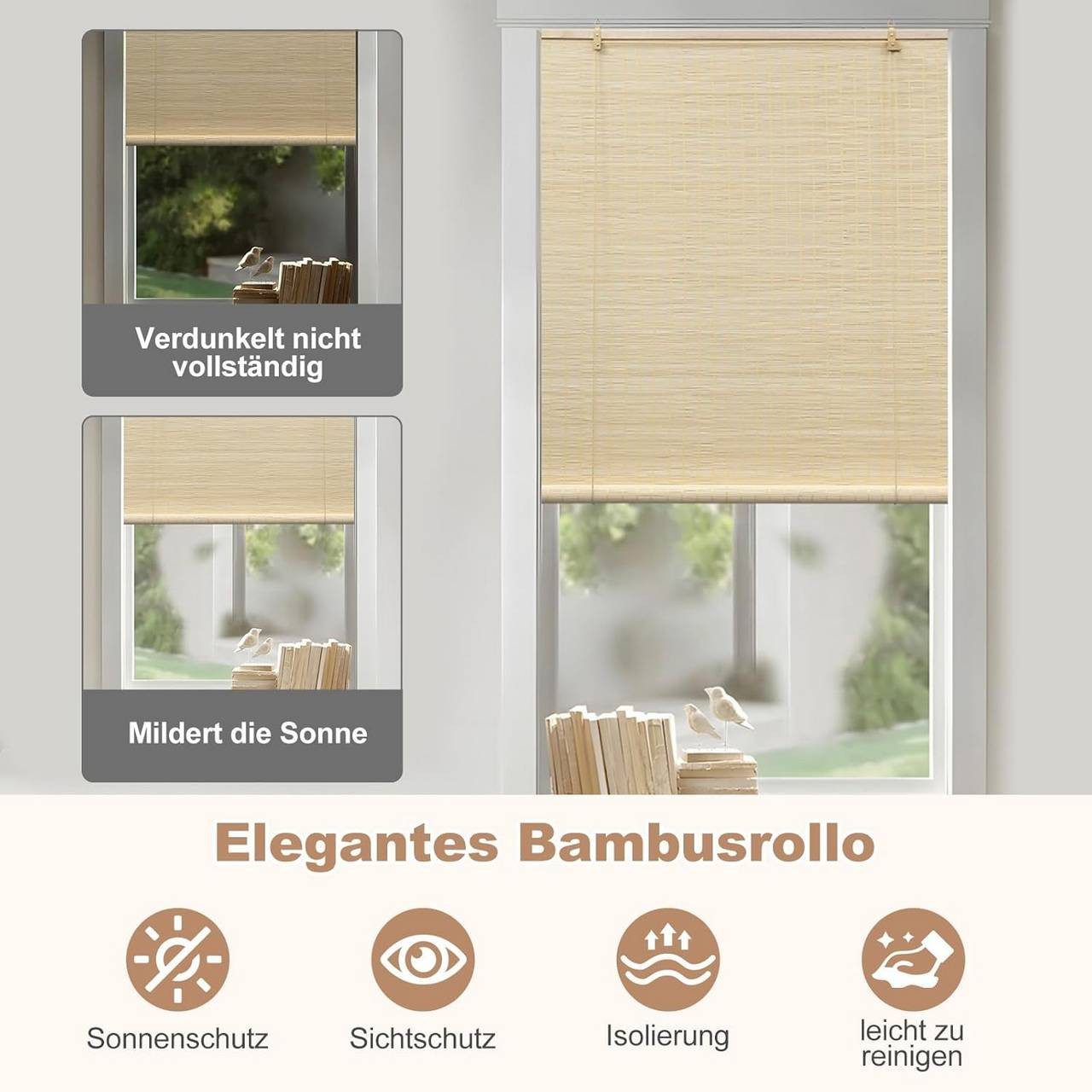 Rollo, Woltu, blickdicht, Mit Bohren, Bambusrollo Sonnenschutz Seitenzugrollo, für Fenster Tür Terrasse