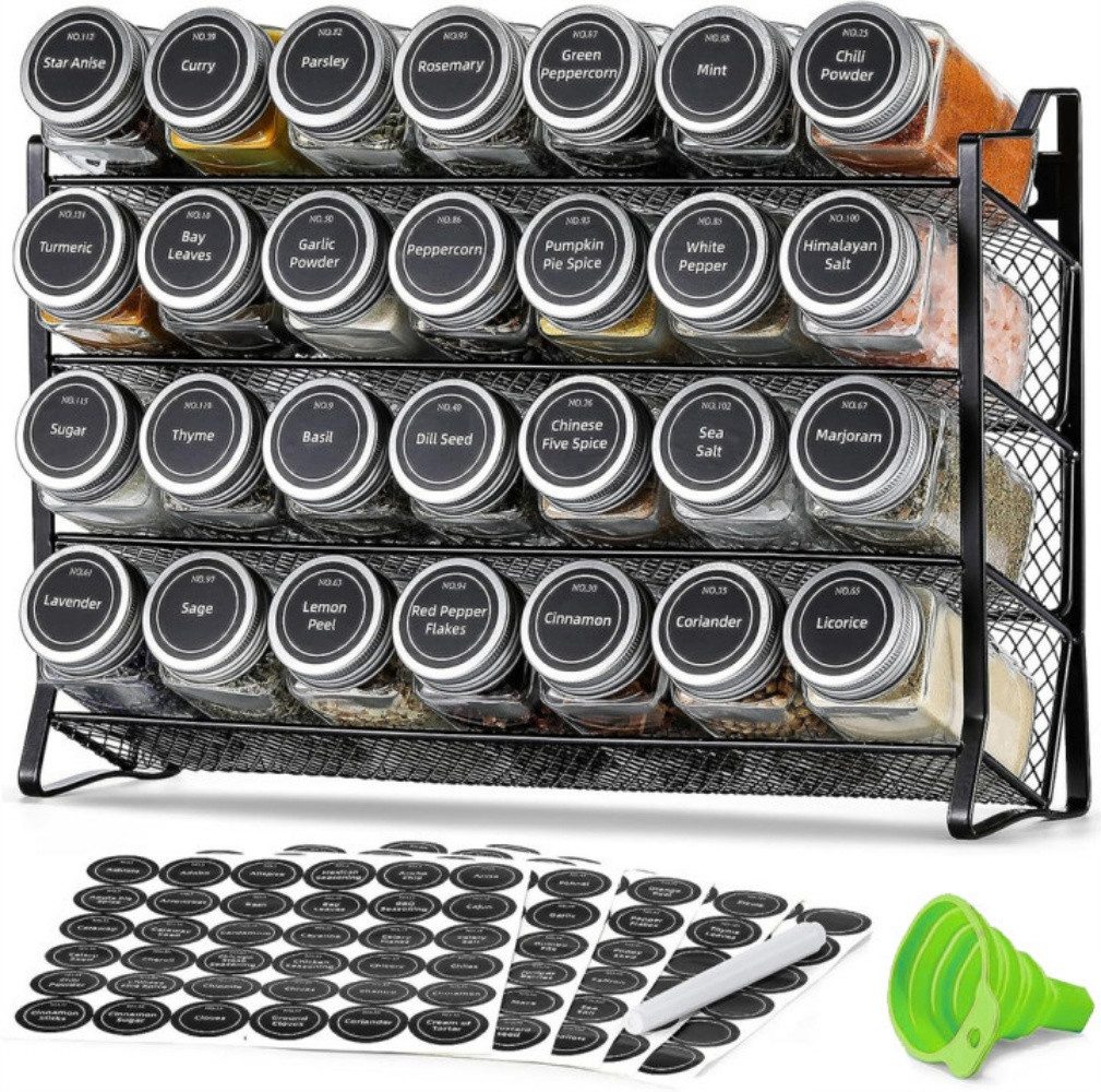 GLIESE POWER Gewürzregal 4-stöckiges Gewürz Organizer 28 Gläser 180 Sticker Stift und Trichter