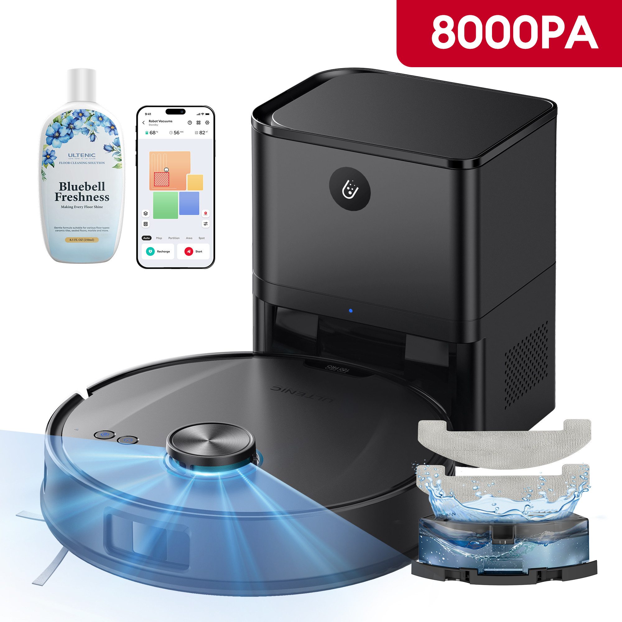 Ultenic Nass-Trocken-Saugroboter TU20UL AI-gestützte Laser-Hindernisvermeidung, APP-Bedienbar, 40,00 W, Mit Beutel, 8000 Pa Saugkraft,AI-gestützte Laser-Hinderniserkennung.200min