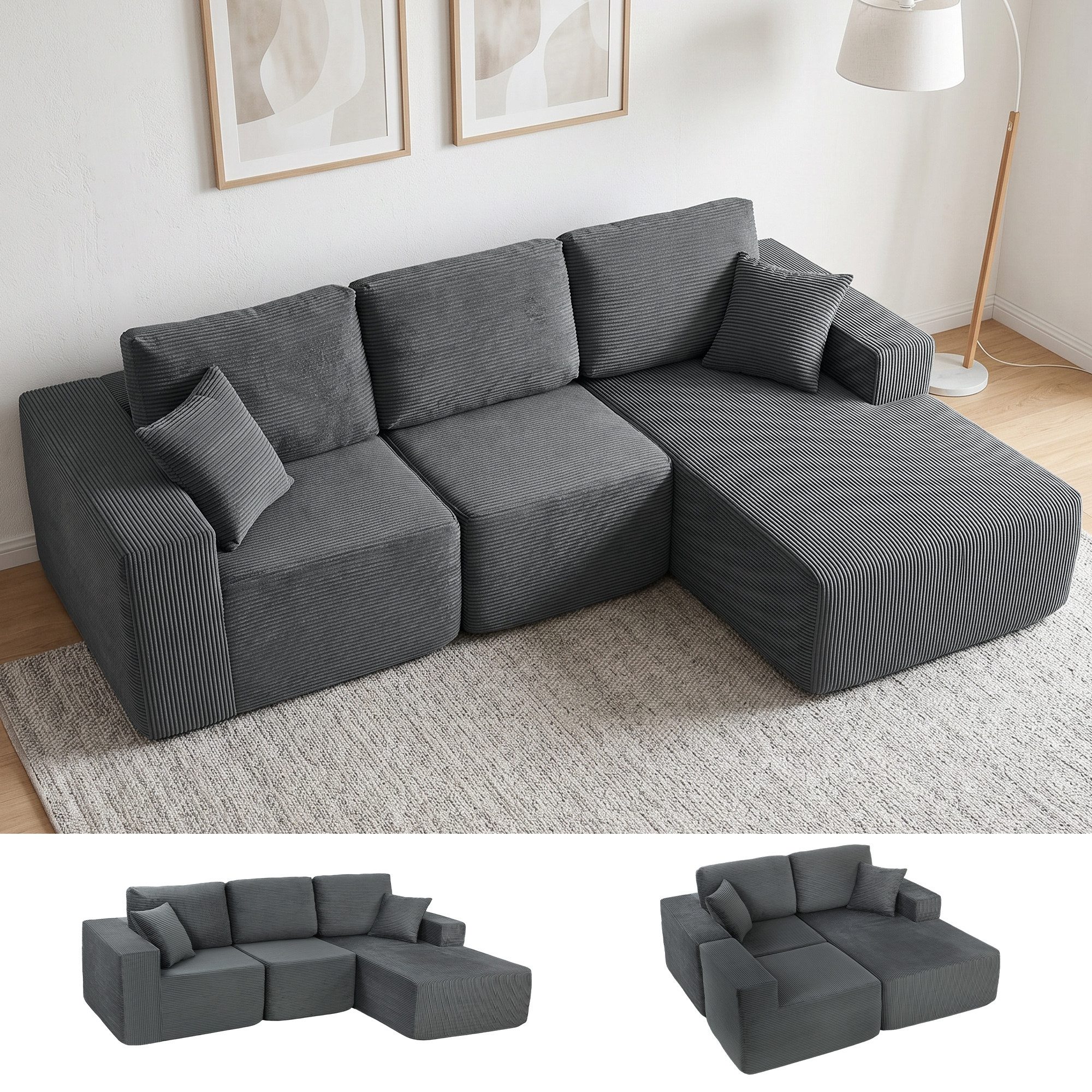 HOMCOM Ecksofa Schlaffunktion, L-förmiges Sofa mit breiter, tiefer Sitzfläche, 3-Sitzer Schlafsofa 2 in 1 3 Teile, mit Kissen, Cord-Optik für Wohnzimmer, Dunkelgrau