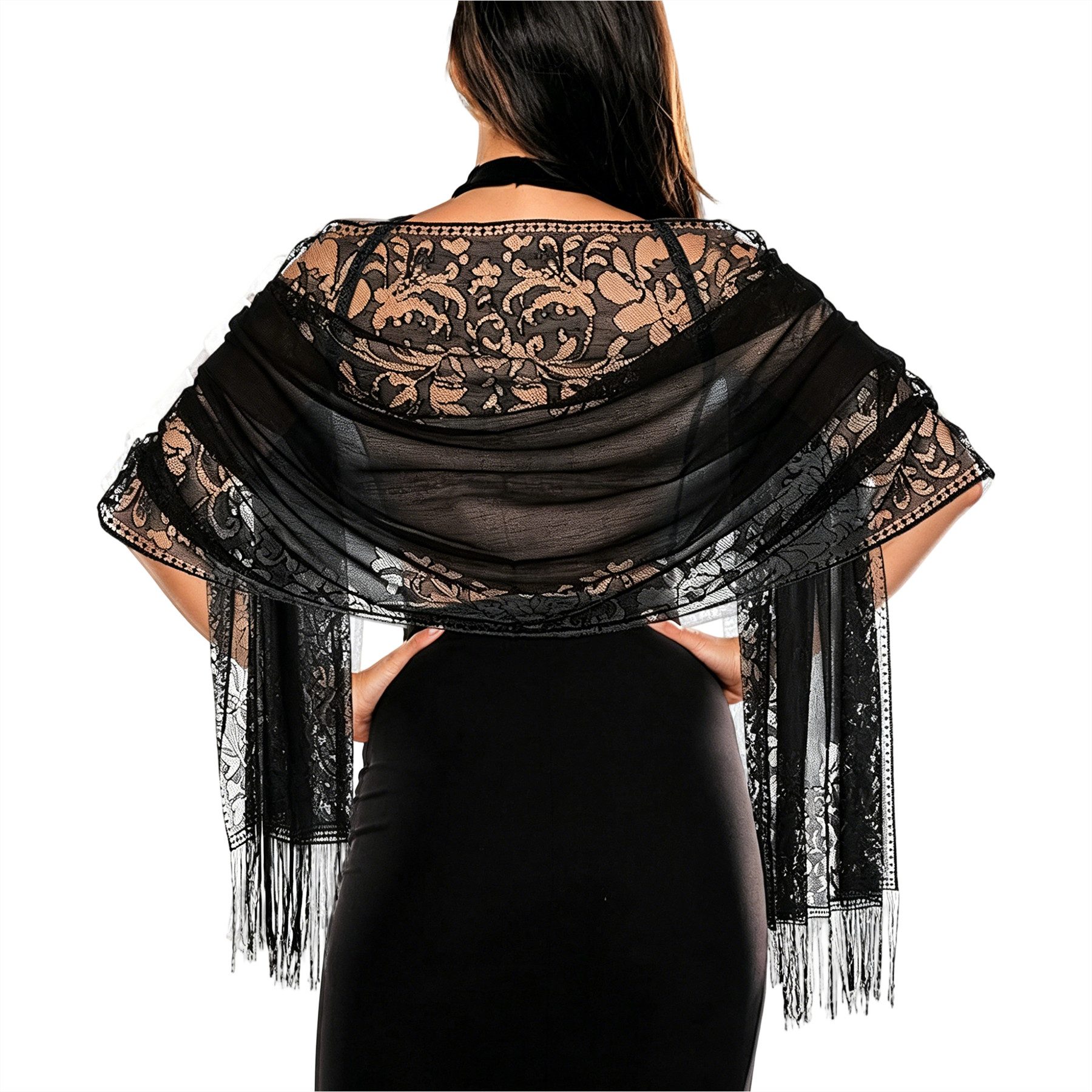 Mutig Modeschal Modeschal Spitze Stola für Damen, weiches Lace Schultertuch Scha, (Festlicher Spitzenschal mit Quasten, elegantes Umschlagtuch, leichtes Schultertuch, Soft Chiffontuch, 185× 65 cm), Für Sommer Abendkleid Schal Abend Party Mesh Hochzeit Schals