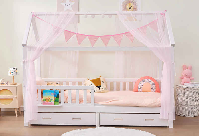 Alavya Home® Hausbett CLOUD I KOMPLETT SET mit 2 Schubkästen (Kinderbett 80x160 cm mit Schublade inkl. Deko Rosa und Matratze), FSC zertifizierter aus massivem Kiefernholz