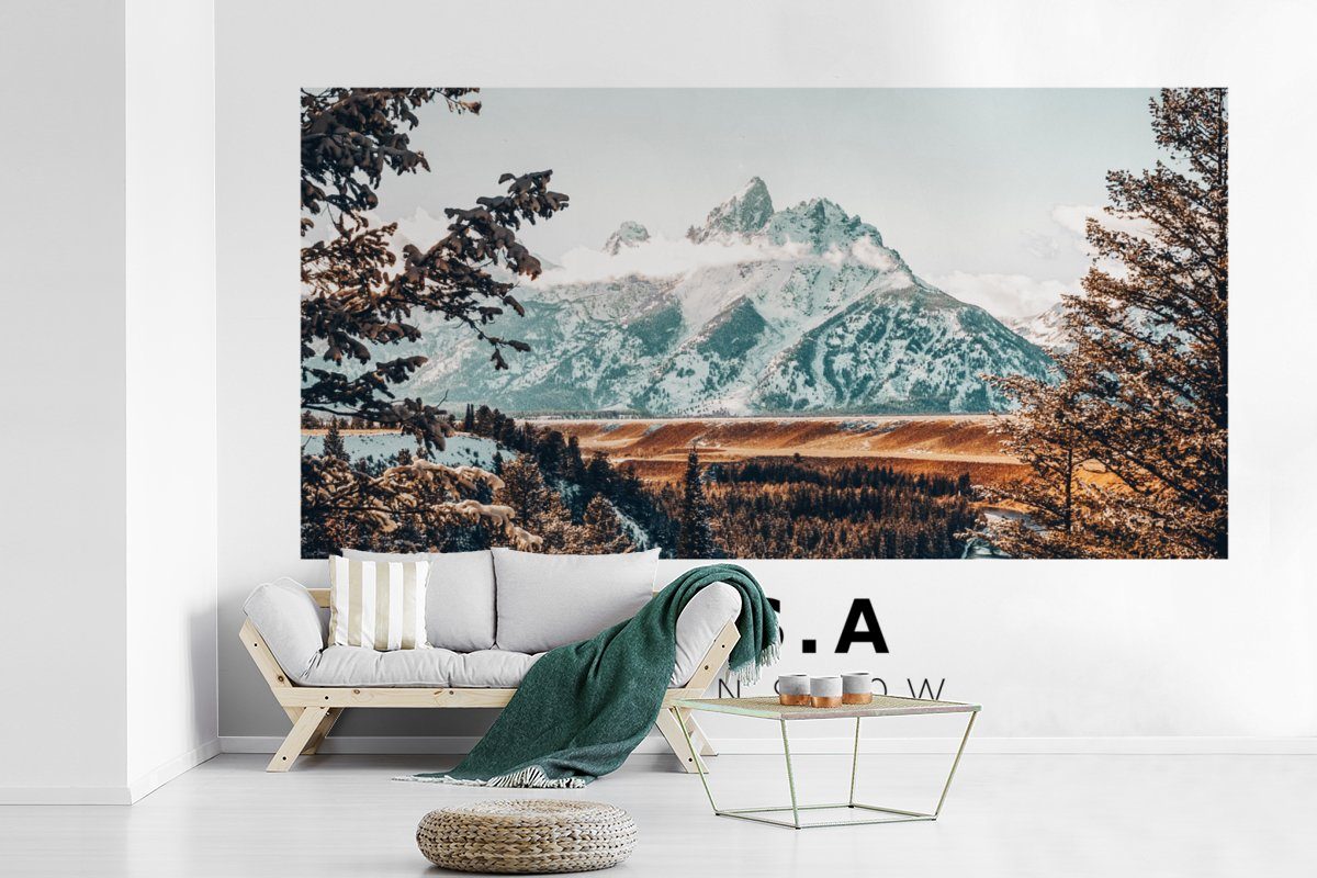 Tapete Berge - - St), Matt, Amerika Wald, Fototapete - MuchoWow für Vinyl (6 Kinderzimmer, Schlafzimmer, Winter Wallpaper bedruckt, Wohnzimmer,