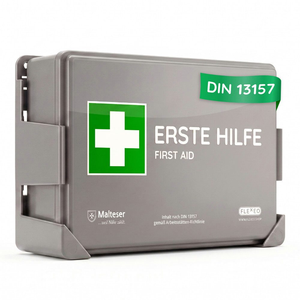FLEXEO Erste-Hilfe-Koffer DIN 13157, Betriebsverbandkasten inkl. Wandhalterung, grau