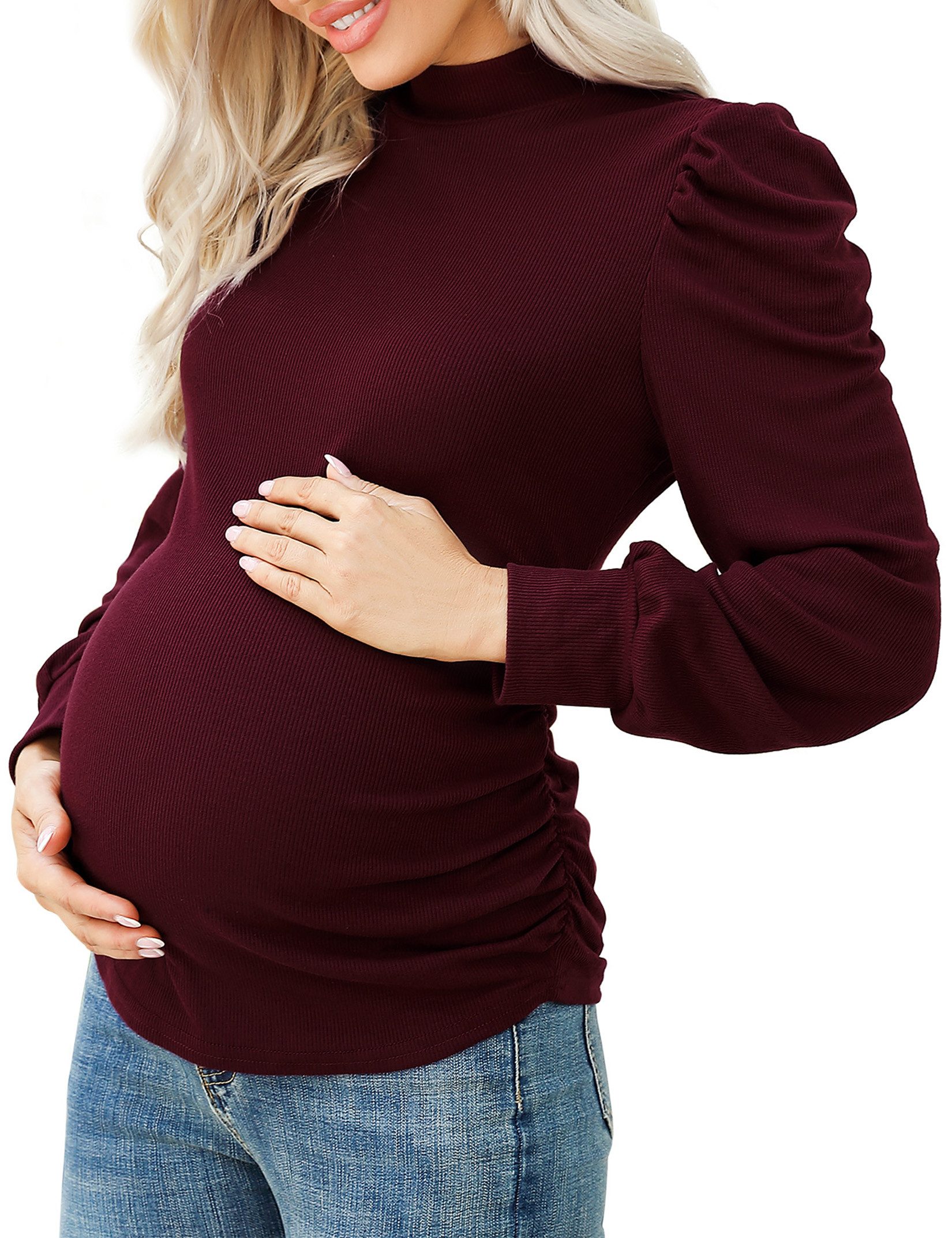 MODISFRAU Umstandsshirt Damen Langarm Stehkragen Rippshirt mit geraffter Seite