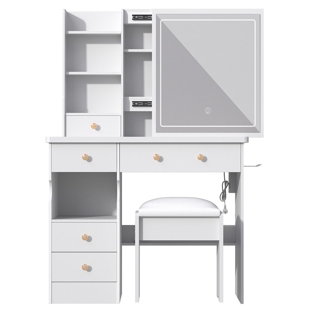 GLIESE Schminktisch LED Schminktisch mit Spiegel & Hocker Set (1-St., Frisierkommode, Schminkhocker), 3-Farben Touch-Dimmbare Beleuchtung, Fönhalter, 2 Steckdosen + 2 USB