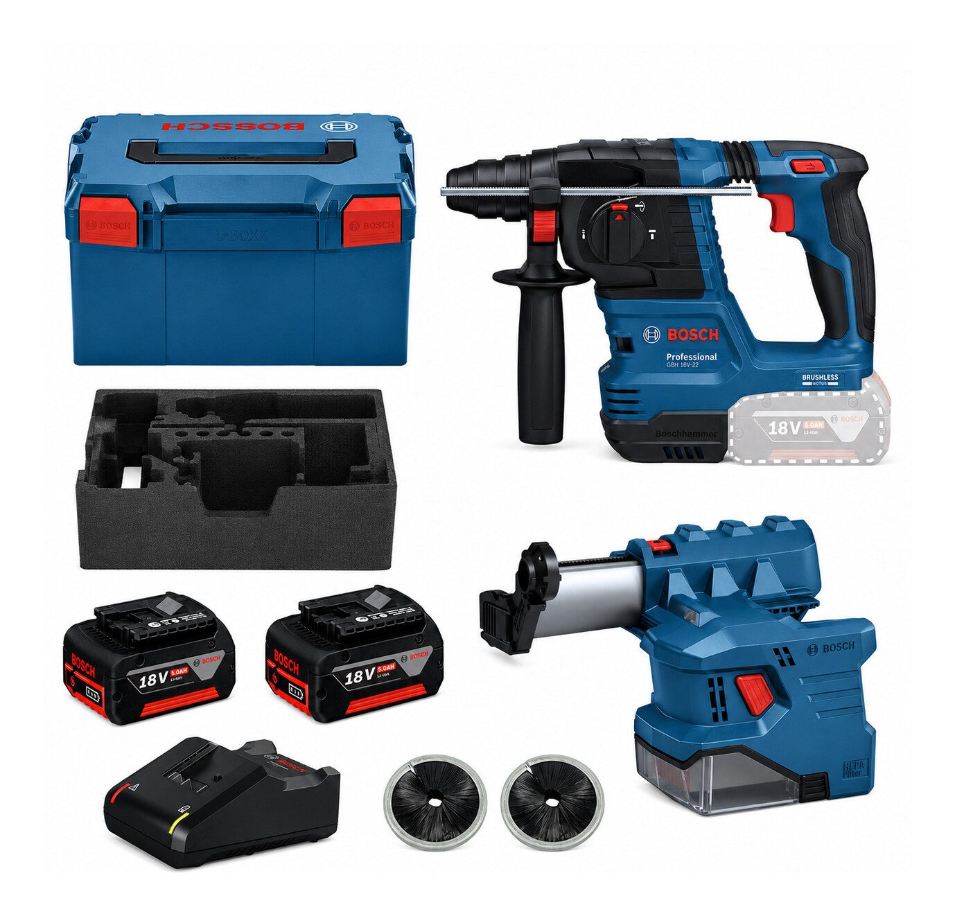 BOSCH Akku-Kombibohrhammer GBH 18V-22, 18 V, max. 1050 U/min, Bohrhammer mit SDS plus & GDE 18V-12 & 2 x 4 Ah Akku - in L-BOXX 238