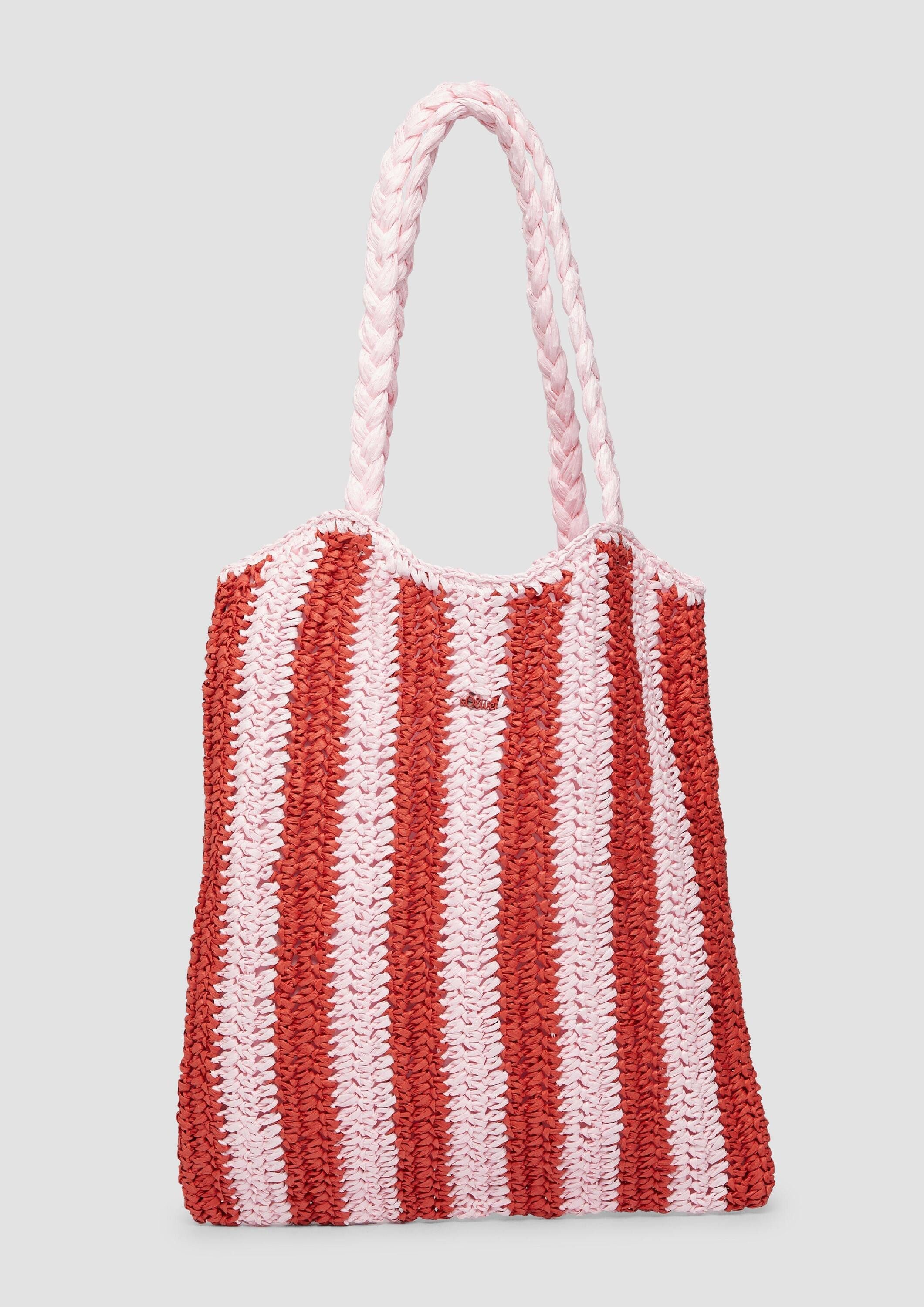 s.Oliver Schultertasche Tasche, Gestreifte Raffia-Tasche mit geflochtenem Henkel