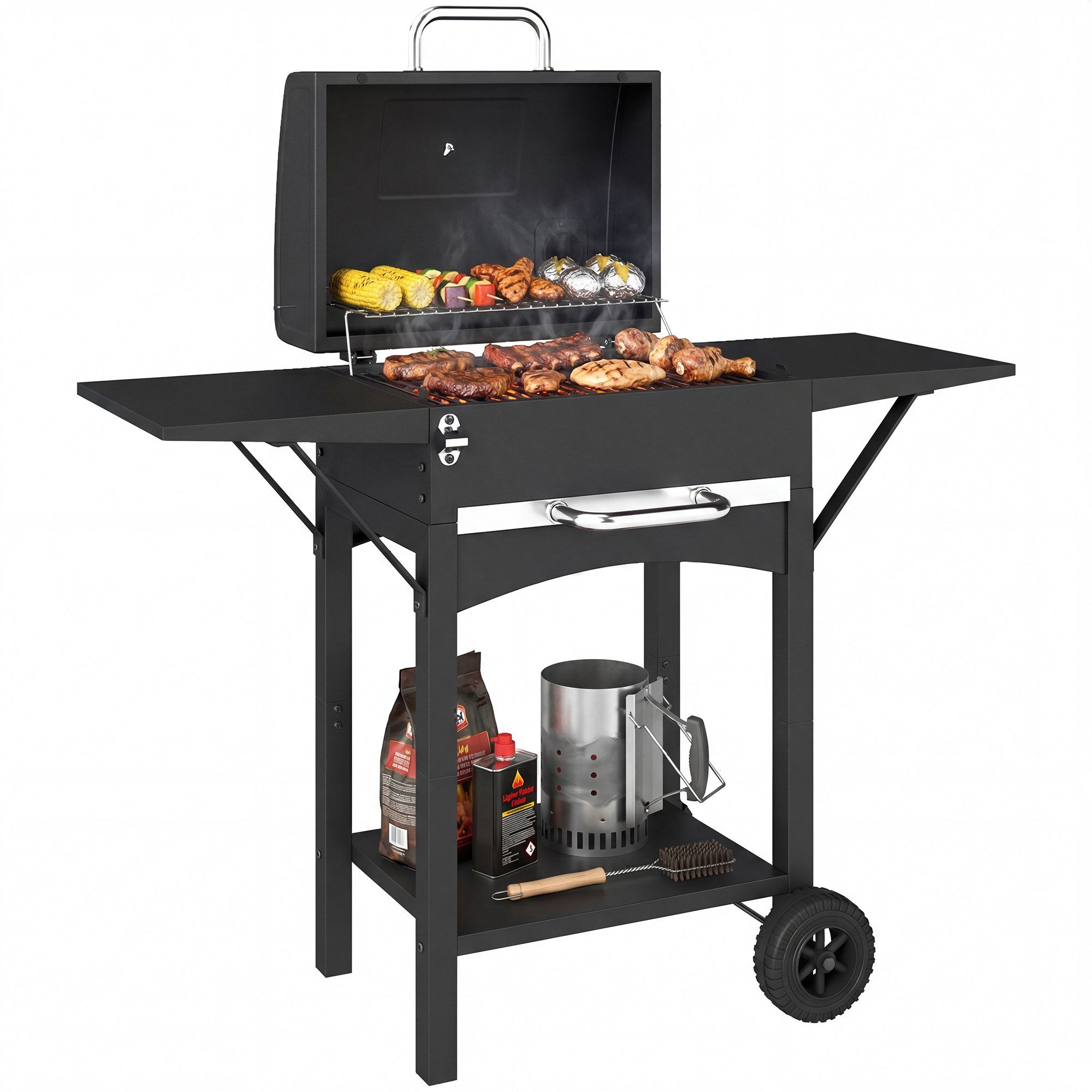 Outsunny Holzkohlegrill mit 2 Seitentischen, Große Grillfläche, Grillrost, Thermometer, Räder, BBQ Smoker Grill, Grillwagen, 110 x 46,5 x 101 cm Schwarz