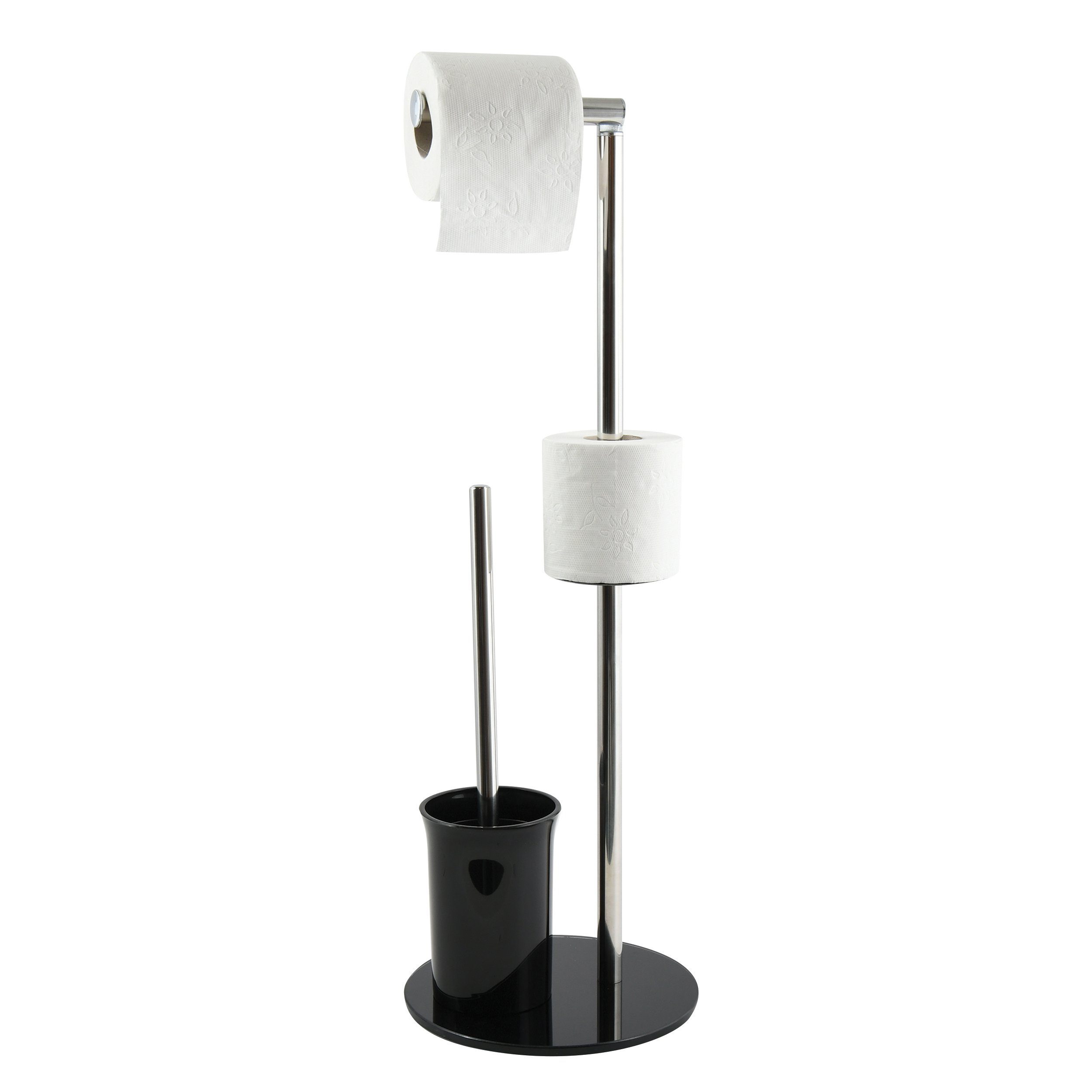 MSV Toilettenpapierhalter BERGAMO, WC Standgarnitur, 3 in 1: Toilettenbürste mit Rollenhalter und Ersatzrollen-Aufbewahrung, Edelstahl, farbiges Glas, 22x60 cm, schwarz