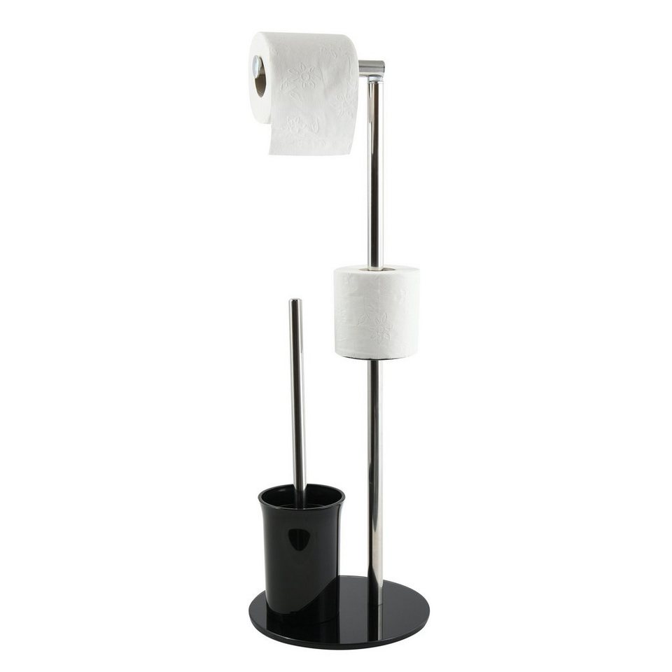 MSV Toilettenpapierhalter BERGAMO, WC Standgarnitur, 3 in 1:  Toilettenbürste mit Rollenhalter und Ersatzrollen-Aufbewahrung, Edelstahl,  farbiges Glas, 22x60 cm, schwarz
