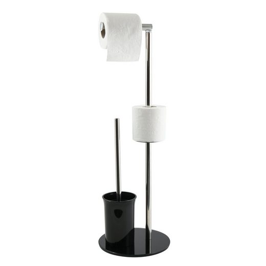 MSV Toilettenpapierhalter »BERGAMO«, WC Standgarnitur, 3 in 1: Toilettenbürste mit Rollenhalter und Ersatzrollen-Aufbewahrung, Edelstahl, farbiges Glas, 22x60 cm, schwarz