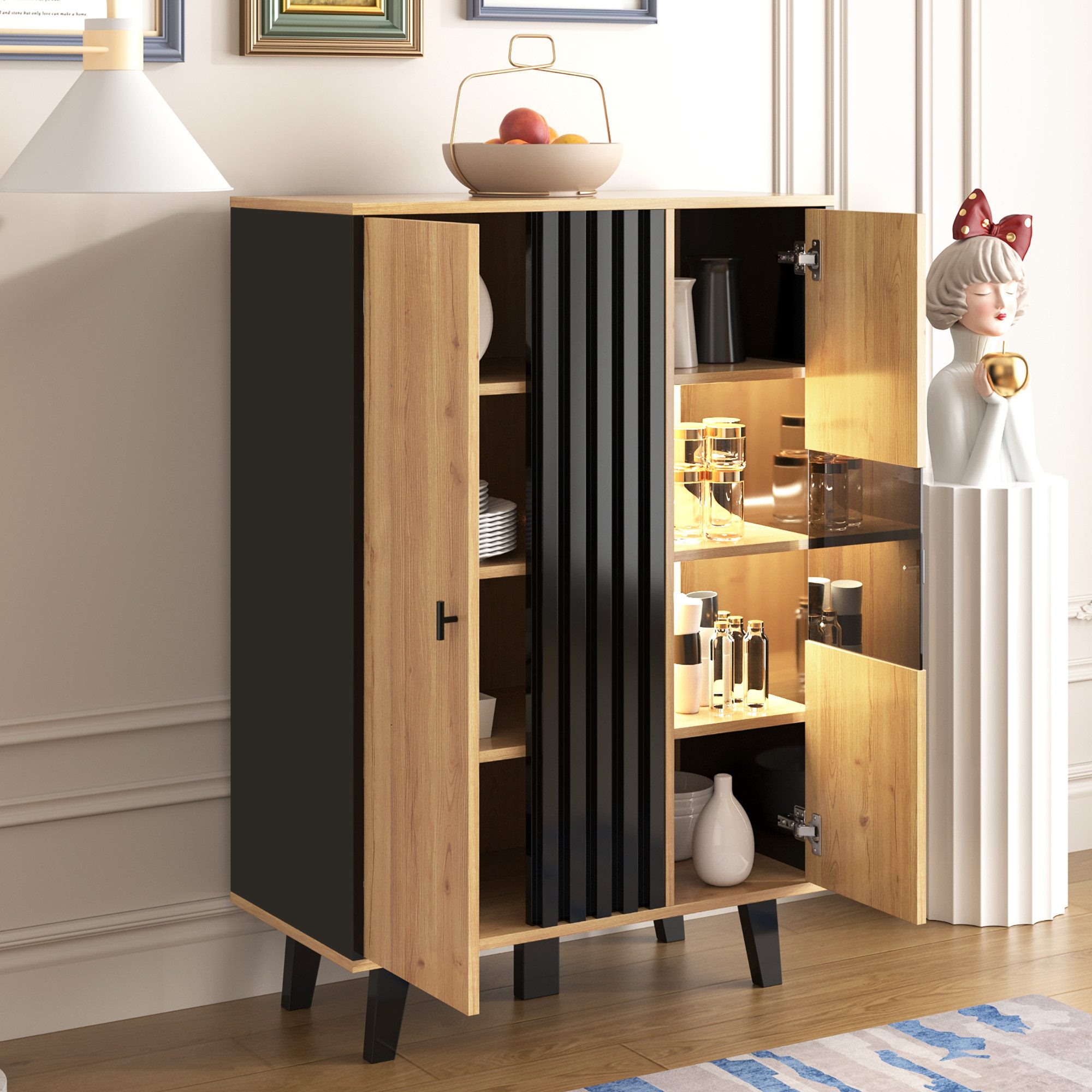 OKWISH Highboard Vitrine mit LED-Beleuchtung & Glastüren in Holz/Schwarz (Packung, 80x120x40 cm, mit 8 übersichtlichen Präsentationsfächern), Für die ansprechende Inszenierung Ihrer Sammlerstücke