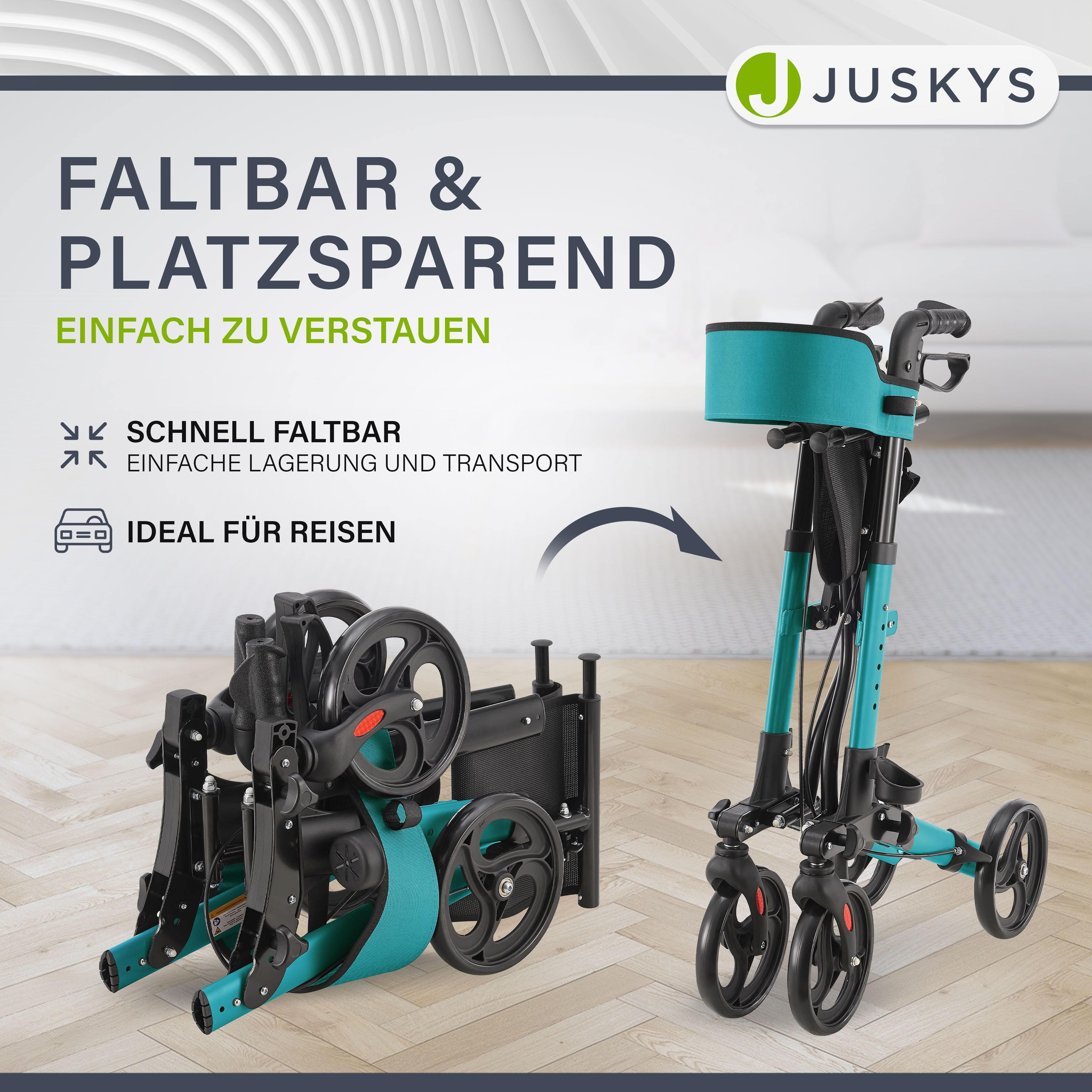 Juskys Rollator Vital, klappbar, mit Sitz, Einkaufstasche und Gehstockhalterung