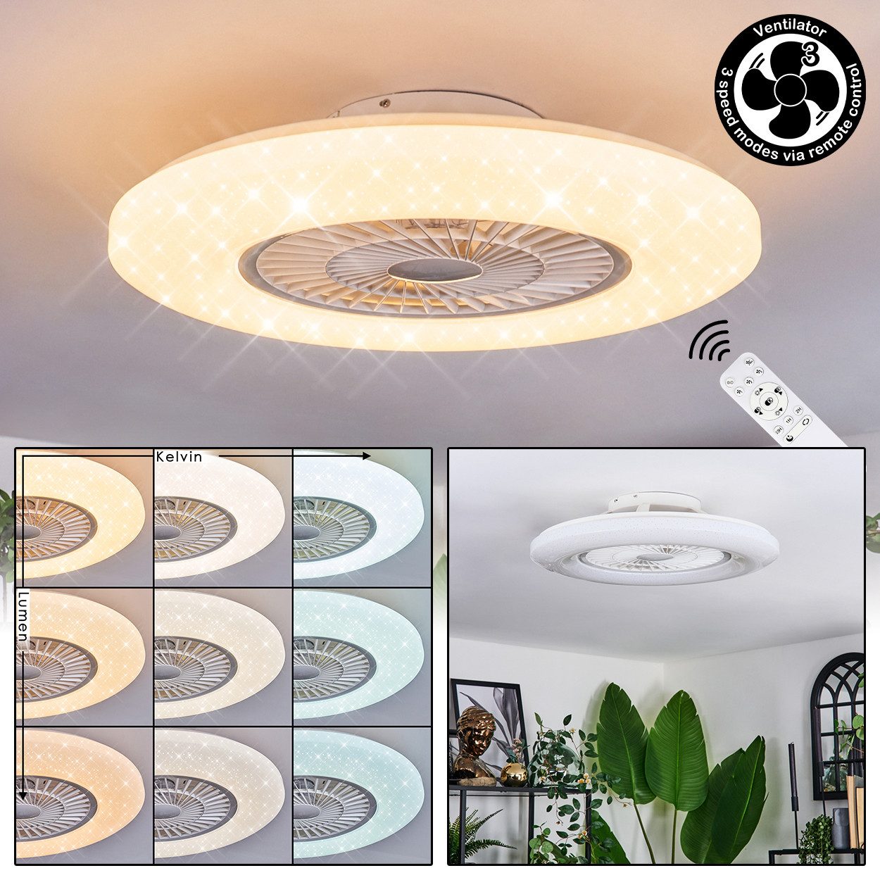 hofstein Deckenleuchte Ventilator aus Metall/Kunststoff in Weiß, LED wechselbar, 2700-6500 Kelvin, mit Fernbedienung dimmbar/steuerbar, Deckenleuchte, 1 x LED 45 Watt
