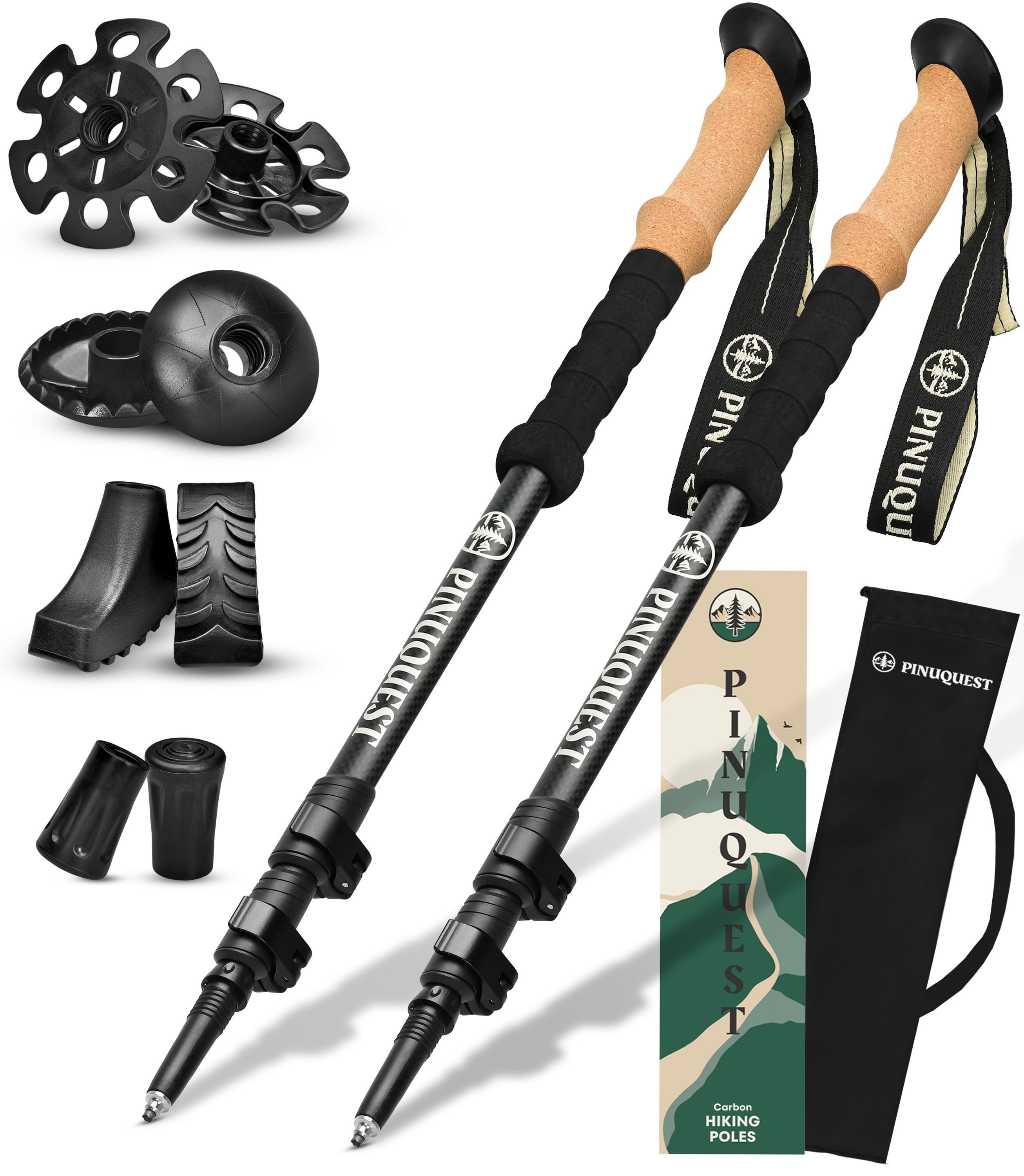 PINUQUEST Trekking-Stöcke Wanderstöcke aus Carbon (2 St), Teleskopstöcke mit 4 Aufsätzen, Nordic Walking Stock, ultraleicht