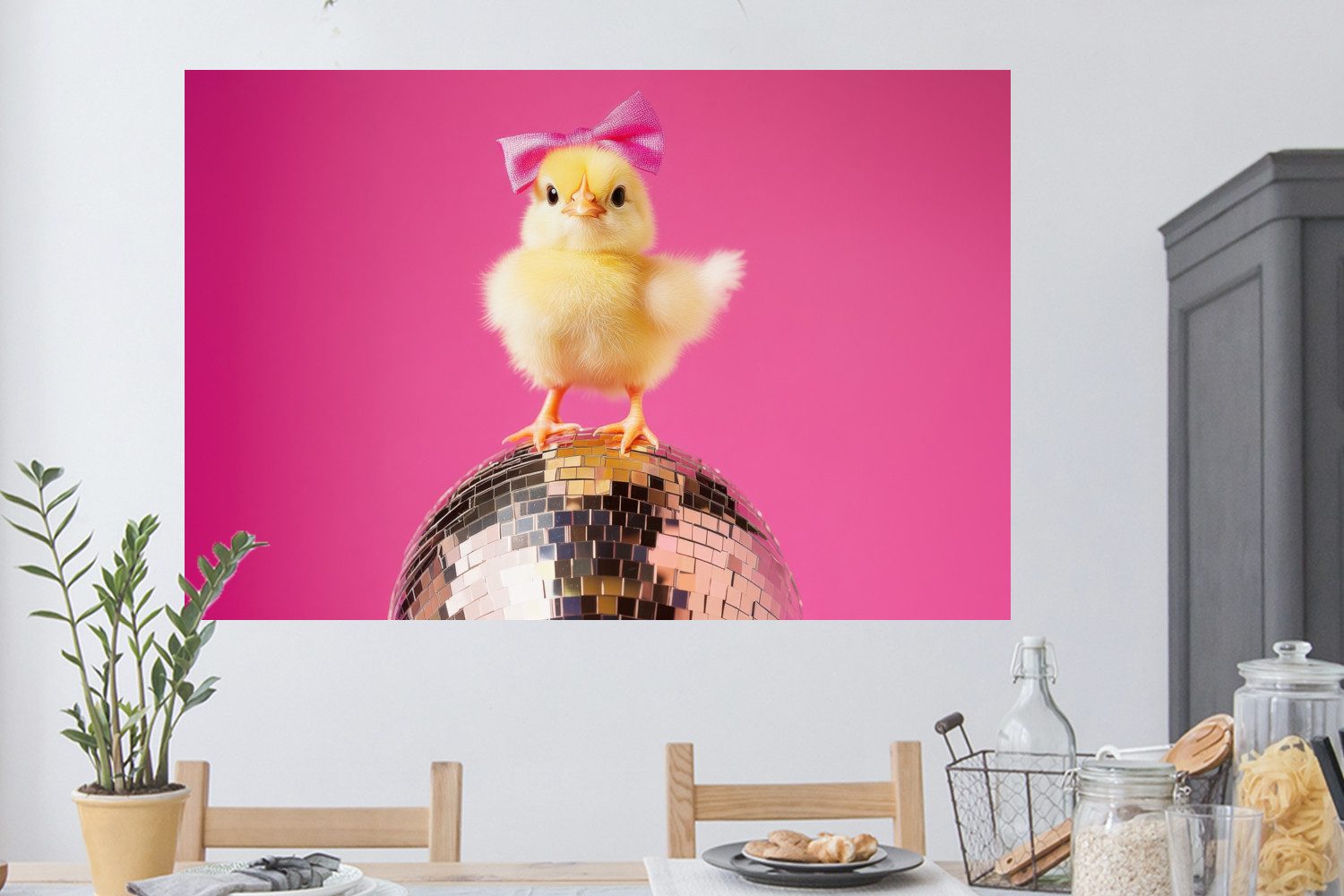 MuchoWow Wandsticker Discoball - Küken - Schleife (1 St), Wanddeko, Aufkleber, Wandtattoo, 120x80 cm
