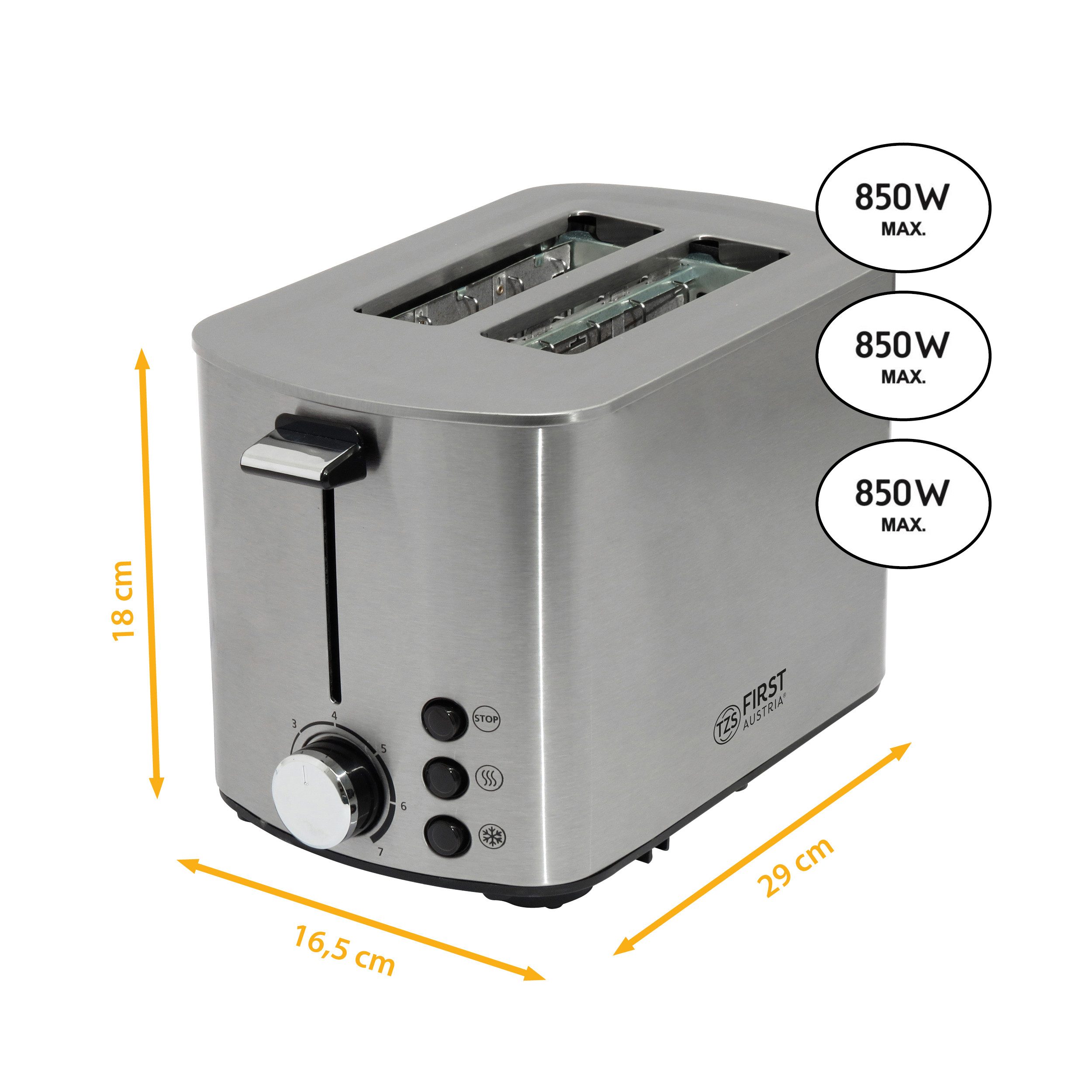TZS FIRST AUSTRIA Toaster Edelstahl, 2 Scheiben, 850W, 7 Stufen, Warmhaltefunktion, für, 850 W, abnehmbarer Brötchenwärmer, Krümelschale