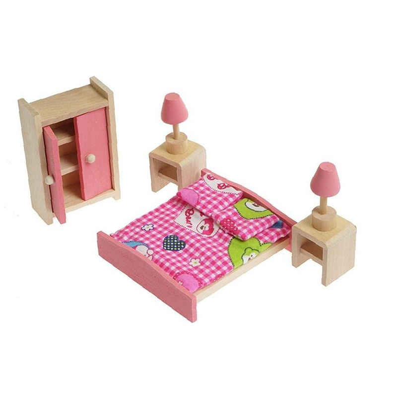 BEARSU Puppenhausmöbel »Puppenhaus Möbel Holz-Spielzeug 1: 12 Skala Miniatur-Schlafzimmer-Satz« (Bett Tischleuchte Wandschrank Decke Puppenstuben), DIY Zubehör Rosa Geschenk für Kinder